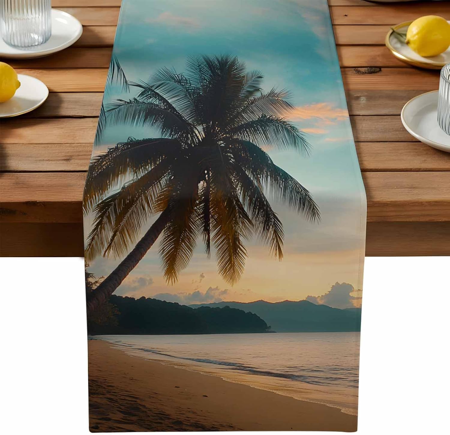 Sunset Beach Table Runner Dresser Scarf 13 x 36 Inch Tropical Coastal Ocean Palm Tree Nautical Table Runners Non-Slip Heat Resistant Kitchen Dining Table Decor for Home Holidays Indoor Outdoor