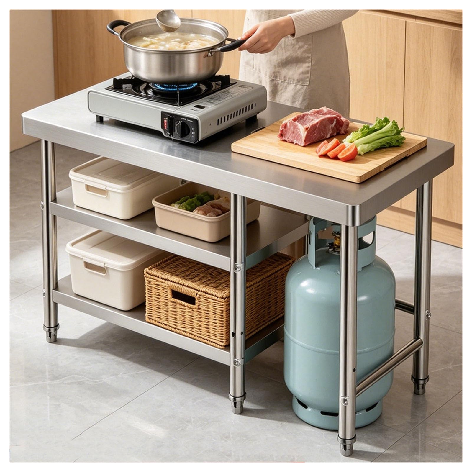 Établi en acier inoxydable avec table de préparation cuisine et emballage