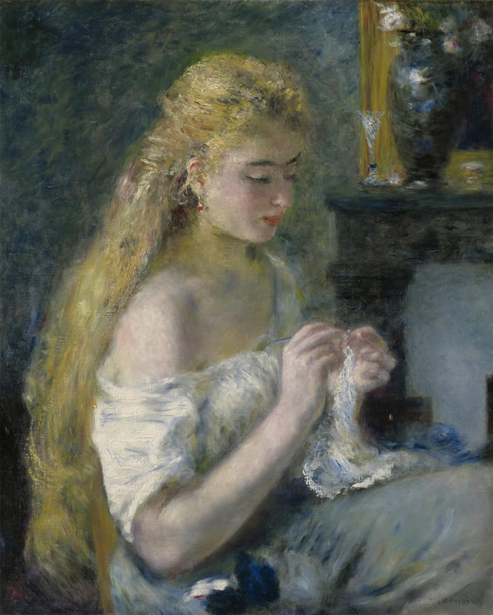 ARTXLXXBN Famous Print Painting Colorful Art Print Woman Crocheting by Pierre Auguste Renoir Canvas Art Decorations for Home Decor 60x90cm