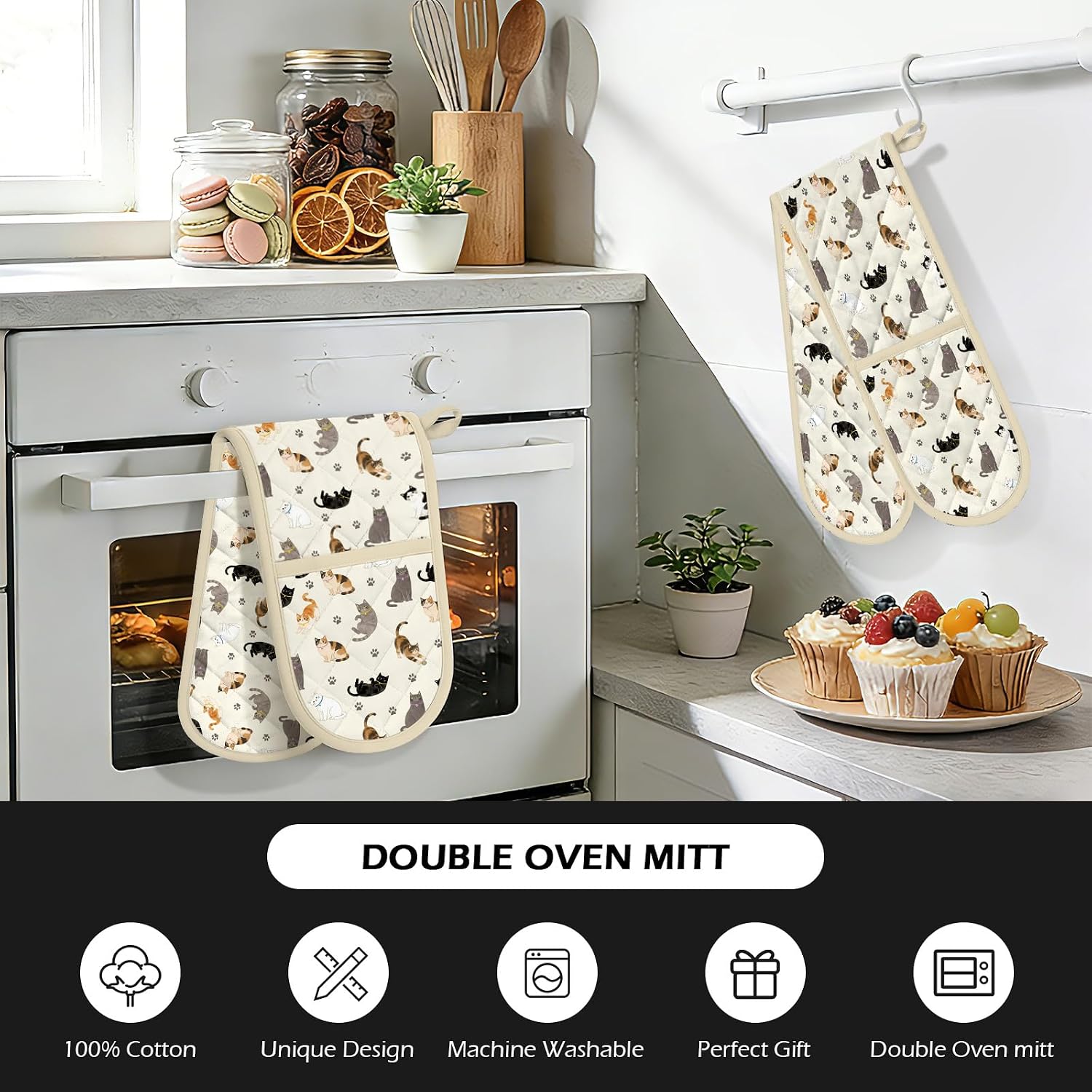 Funny Cat Double Oven Mitts - Heat Resistant with Cotton Lining & Hanging Ropes, Extra Long Oven Mitts Cute for Baking, BBQ, Kitchen Gadgets| Christmas Birthday Gift for Cat Lovers, Mom