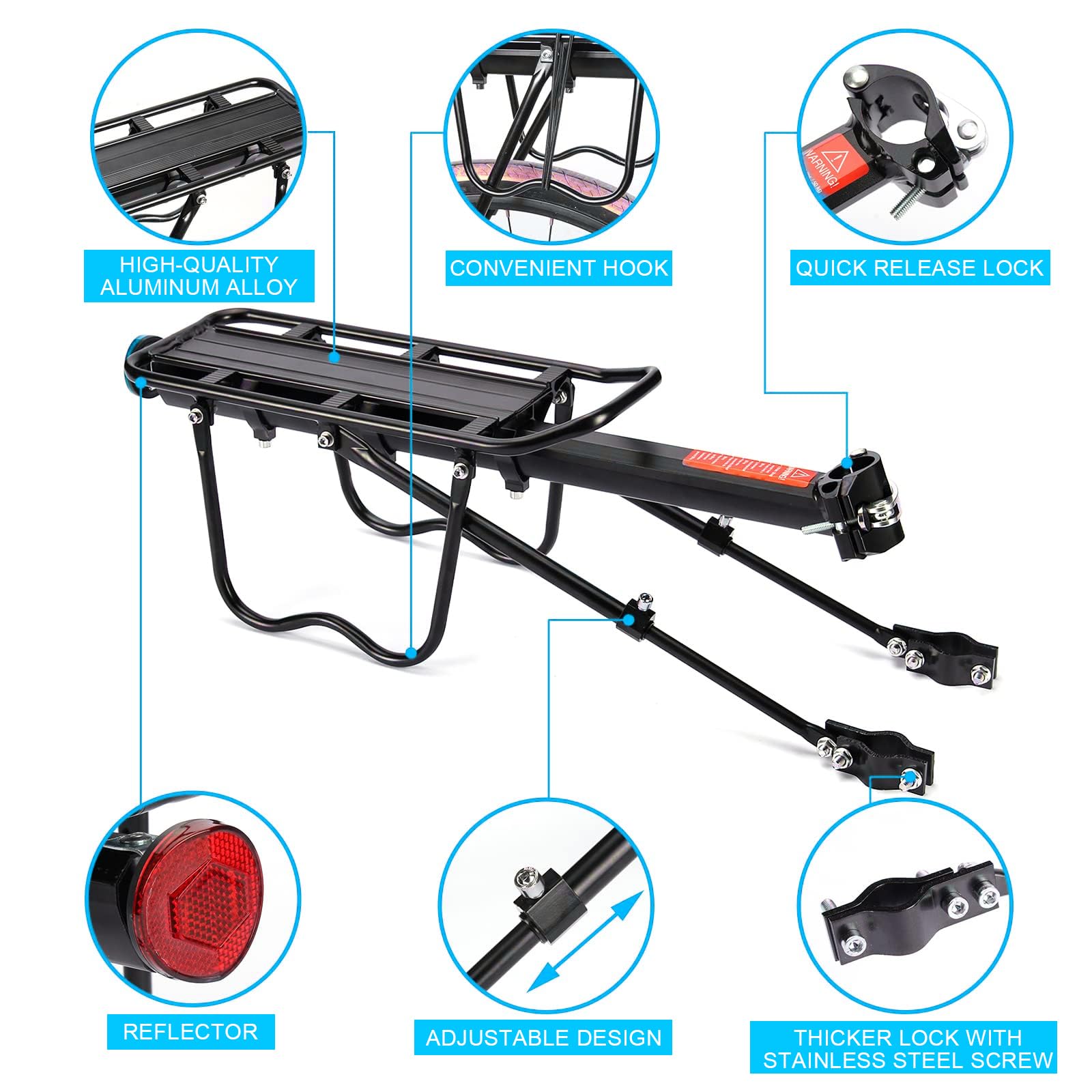 Tylny bagażnik rowerowy, bagażnik na rower górski, akcesoria rowerowe, uchwyt rowerowy, regulowany, szybkomocujący, aluminiowy bagażnik na rower górski, rower miejski, wędrówki i przełączanie
