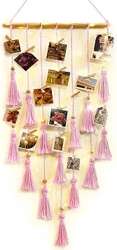 Macrame Hanging Photo Display with LED Light, Wall Decor Gift for Room | Picture Holder with 30 Clips & LED Light, Boho Gallery, Polaroid Photo Display, Gift for Girls