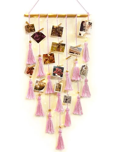 Macrame Hanging Photo Display with LED Light, Wall Decor Gift