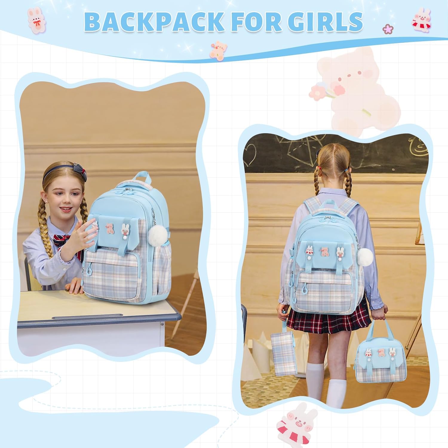 Backpack for Girls, 3PCS Kids Girls Backpacks with Lunch Bag Pencil Case for School, Cute Bookbag Teens Backpack for Kindergarten Preschool Elementary Middle School, Blue - Image 6