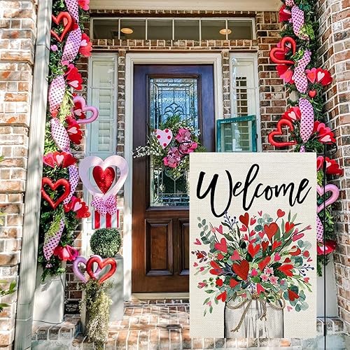 Miniatura 2 de CROWNED BEAUTY Bandera de jardín con tarro de masón floral para el día de San Valentín, 12 x 18 pulgadas, doble cara para exteriores, de arpillera