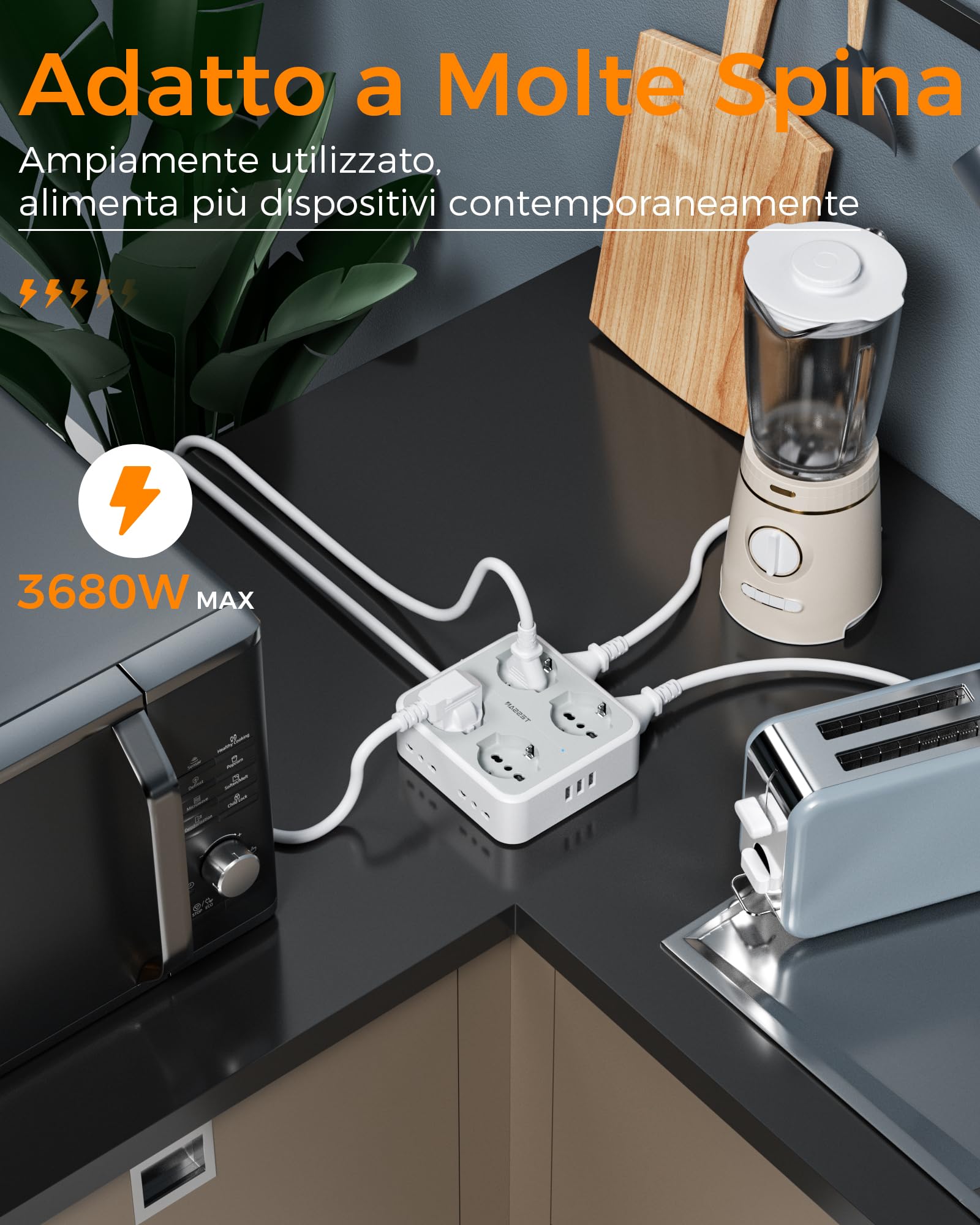 TESSAN Ciabatta Multipresa con USB, Presa Multipla con 4 Schuko e 4 Bivalenti 10A/16A, Multipresa Elettrica con Interruttore e 3 USB A, Ciabatta Elettriche 3680W con Prolunga Elettrica 3M, Grigio