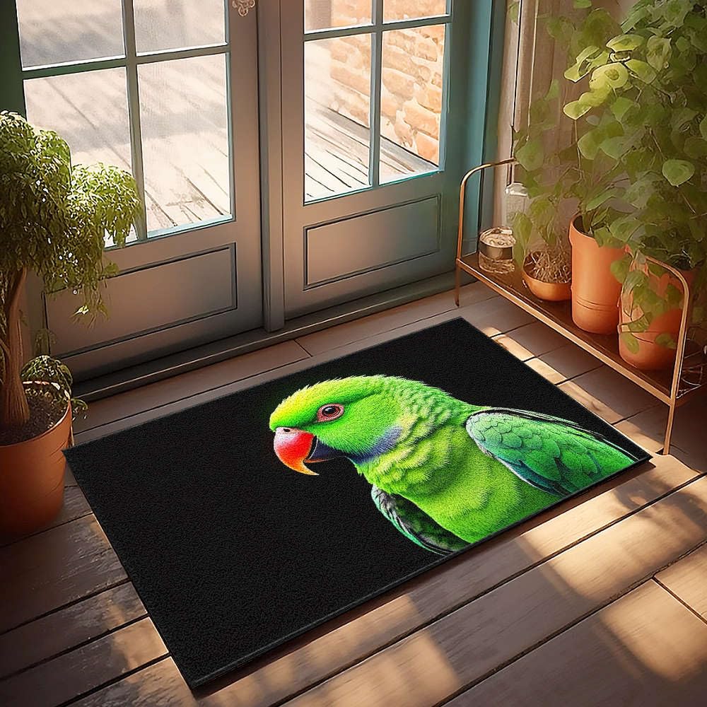 Perroquet vert vif paillasson entrée extérieure 65 x 90 cm style exotique