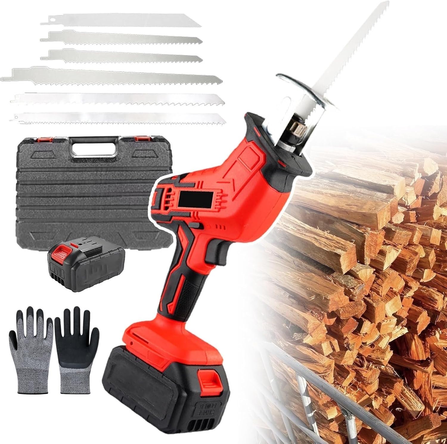 Electric Reciprocating Bone Saw Portable,Led Lighting,Butcher Bone Saw Machine,Enlarged Heat Dissipation Hole,With 1pairs Gloves And 6 Saw Blades,For Wood & Metal Cutting,1battery