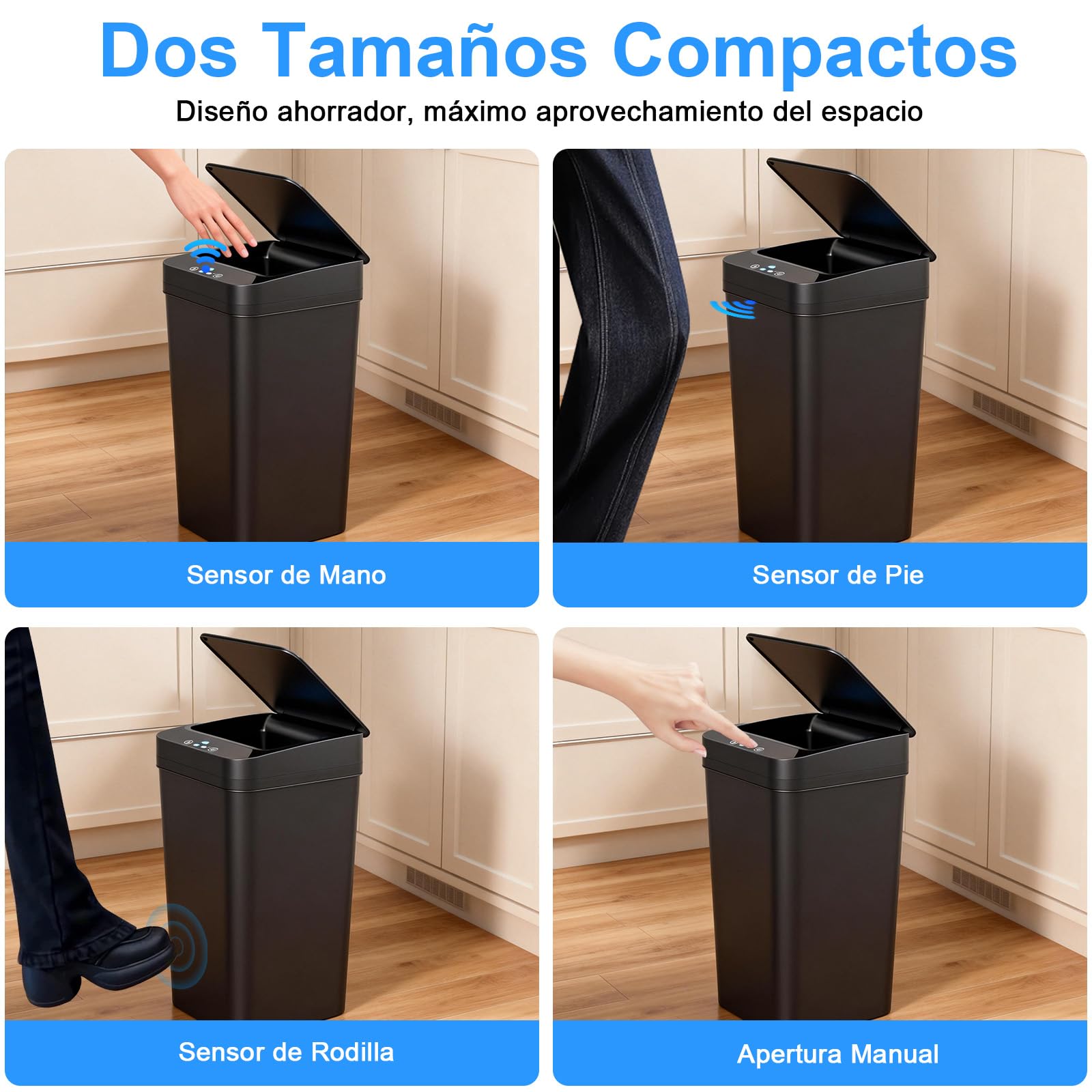 Set de 2 Cubos de Basura Automáticos (15L y 12L) con Tapa Inteligente – Cubo Basura Automático, Papelera Silenciosa e Impermeable con 3 Modos de Funcionamiento, Ideal para Cocina, Baño y Oficina Negro