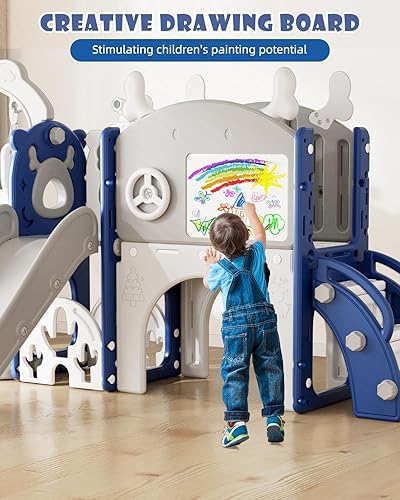 Miniatura 6 de YUFU Juego de tobogán y columpio 13 en 1 para niños pequeños de 1 a 3 años, juego para niños pequeños con juego de golf, aro de baloncesto y tabla