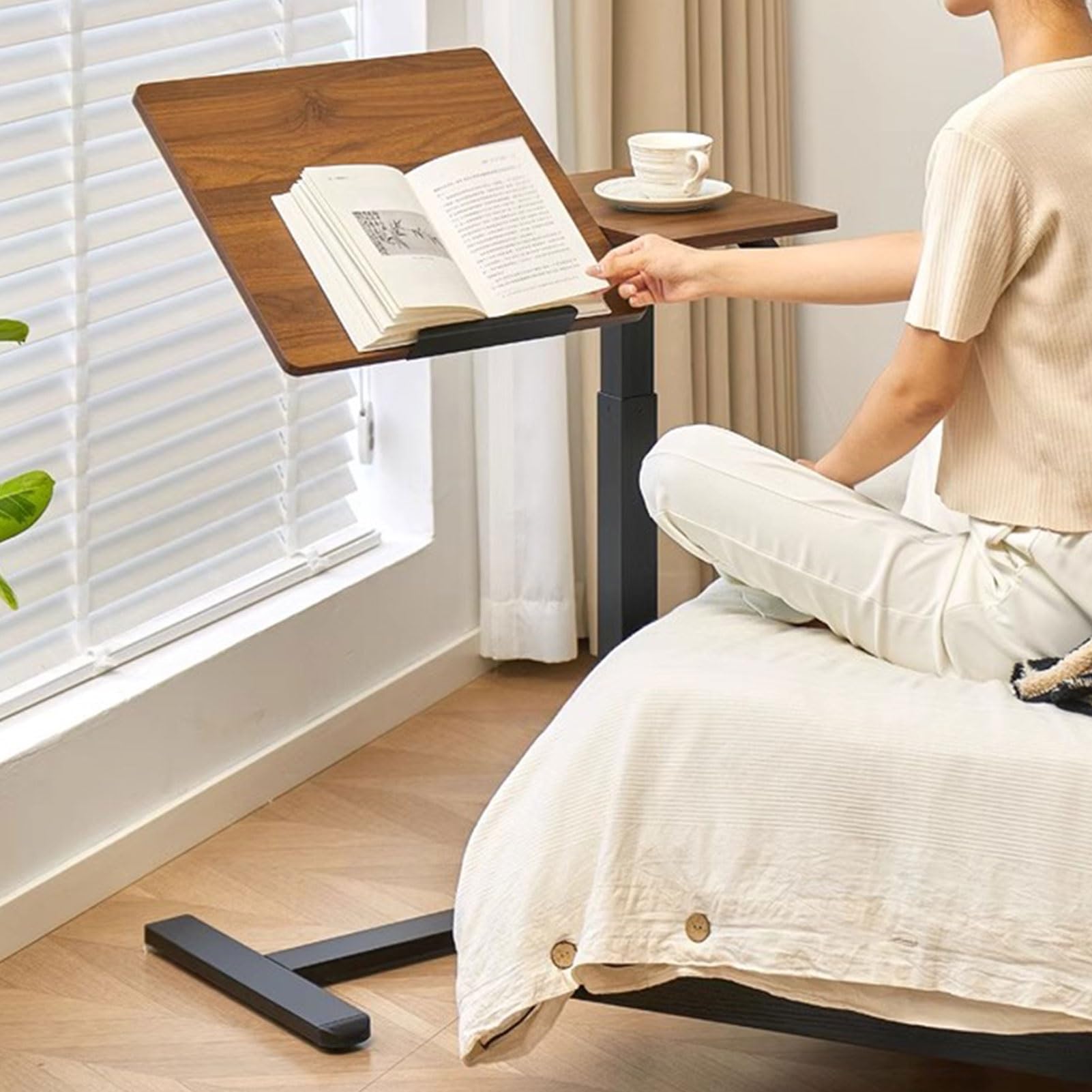Drsyffsup Mesa de Noche Ajustable en Altura con Ruedas Ocultas, Mesa de Cama con Ruedas y Plataforma inclinable neumática, Mesa Auxiliar para sofá o Silla de Hospital, Color marrón Nogal