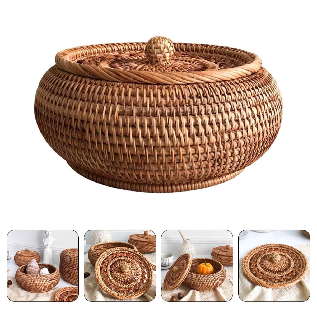 Abaodam Cestino per Conservazione Dolci e Snack Coperchio in Rattan Intrecciato Versatile e Pratico Organizza Stile Camera da Letto o Studio
