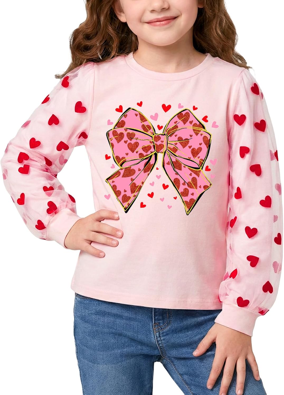 Girls Valentine’s Day Heart Print Top Mesh Long Sleeve Sweatshirt 4-14 Years