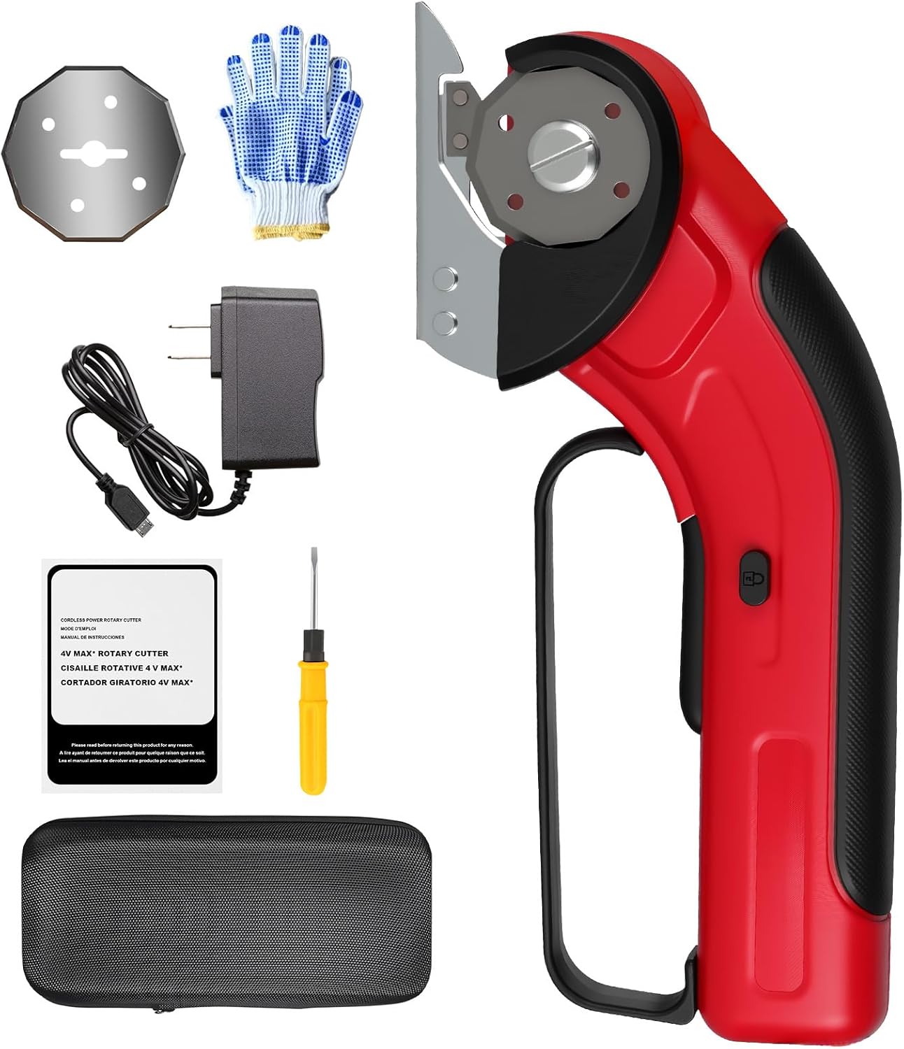 ZFULVO Cordless Electric Scissors Rechargeable with 2-Blade & Storage Bag, Powerful Rotary Cardboard Box Cutter 3.7V 2000mAh for Cloth Carpet Plastic Leather, Charging Cable(Red)