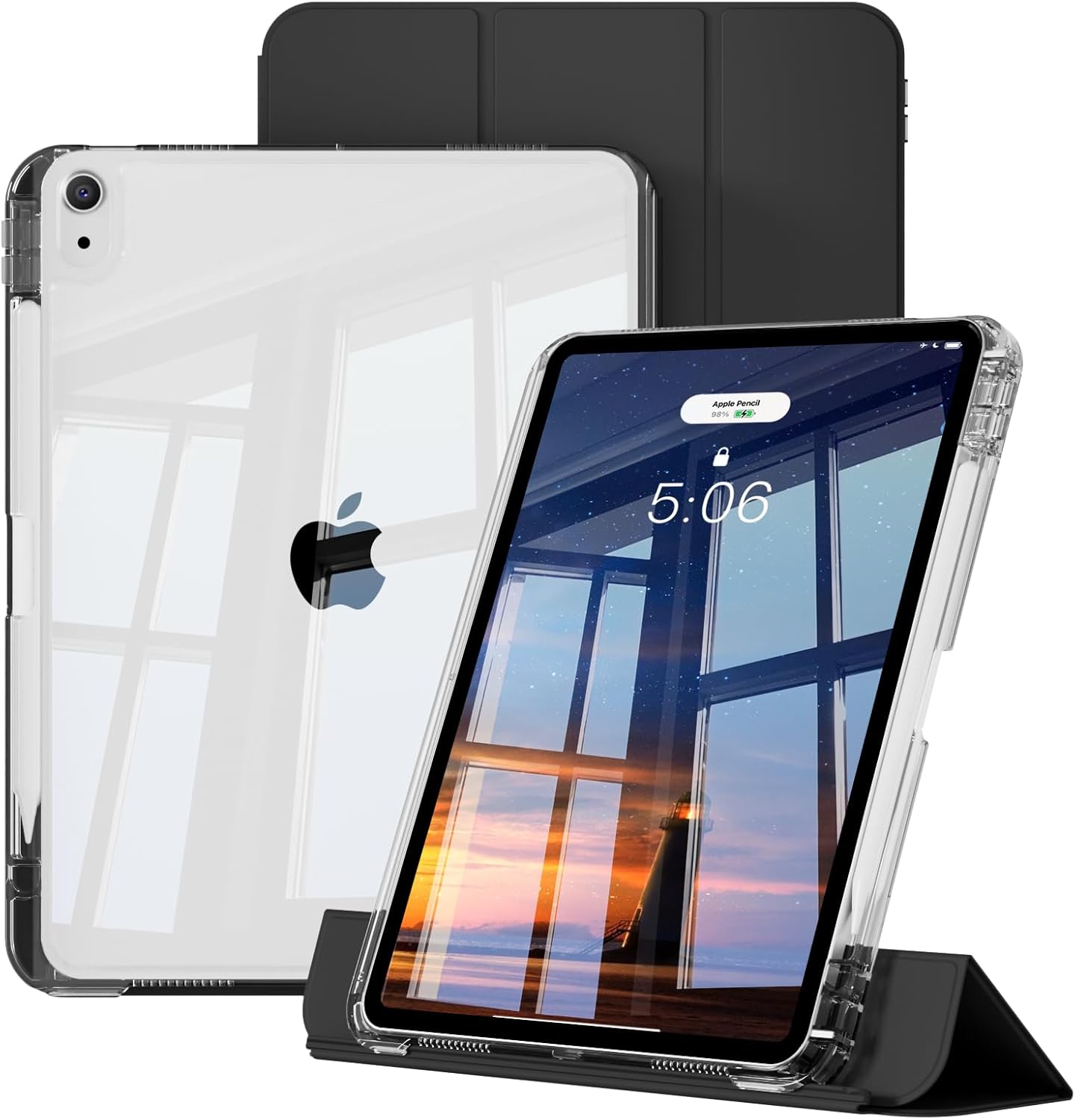 KENKE Hybrid Slim Case for iPad Air 11-inch M4/M3/M2 (2026/2025/2024), iPad Air 5th/4th Generation (2022/2020) 10.9 Inch -Detachable Sliding Cover with Clear Back Shell & Pencil Holder, Black