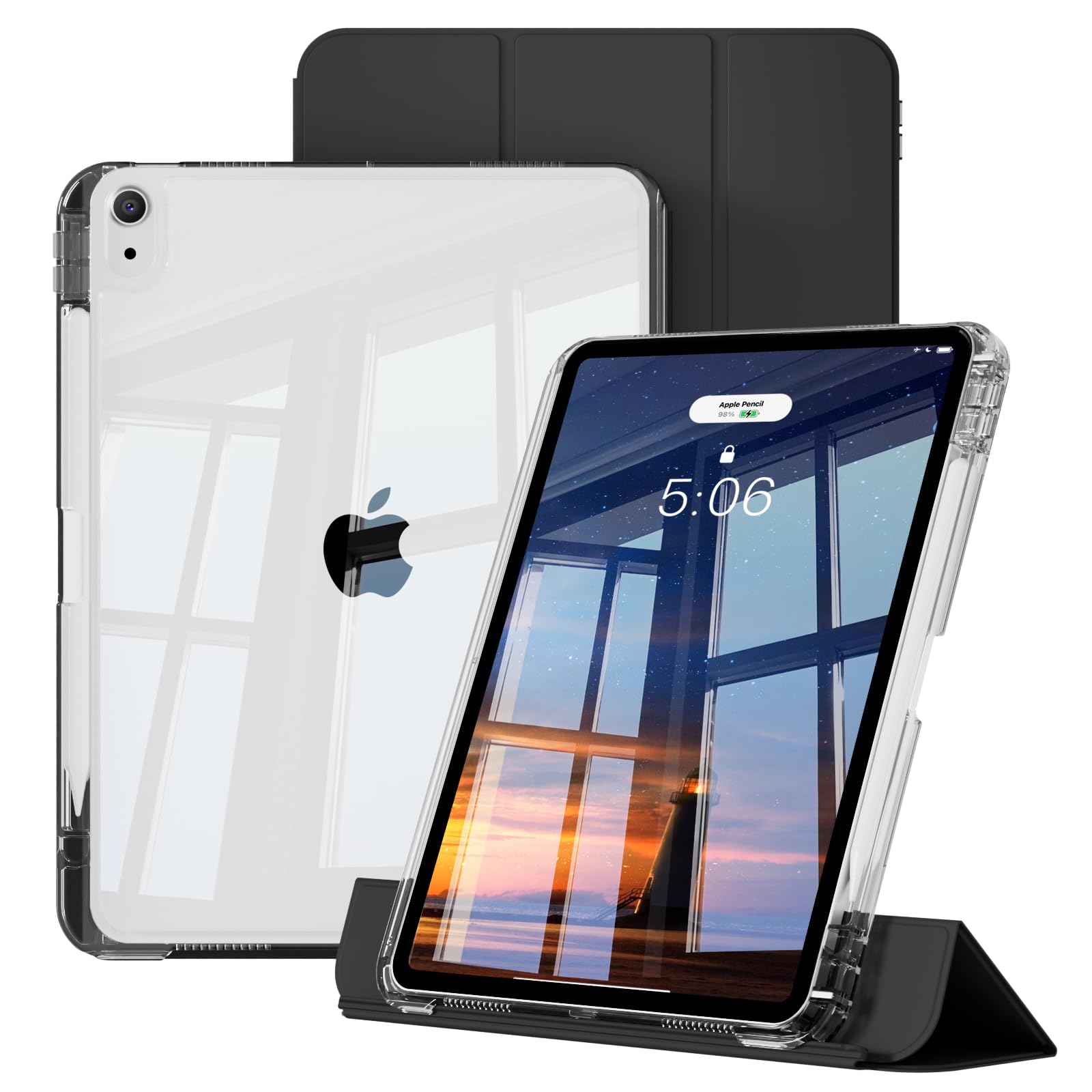zoyu 対応iPad Air 11インチ ケース M4/M3/M2 2026/2025/2024 iPad Air 5/4 ケース 10.9インチ 2022/2020 アクリル 透明バックカバー ペンシル収納 横置き/縦置き スタンド 取り外し可能 分離式 耐衝撃 軽量 薄型 ワイヤレス充電対応 オートスリープ機能 対応iPad air 第7/6/5/4世代 (ブラック)