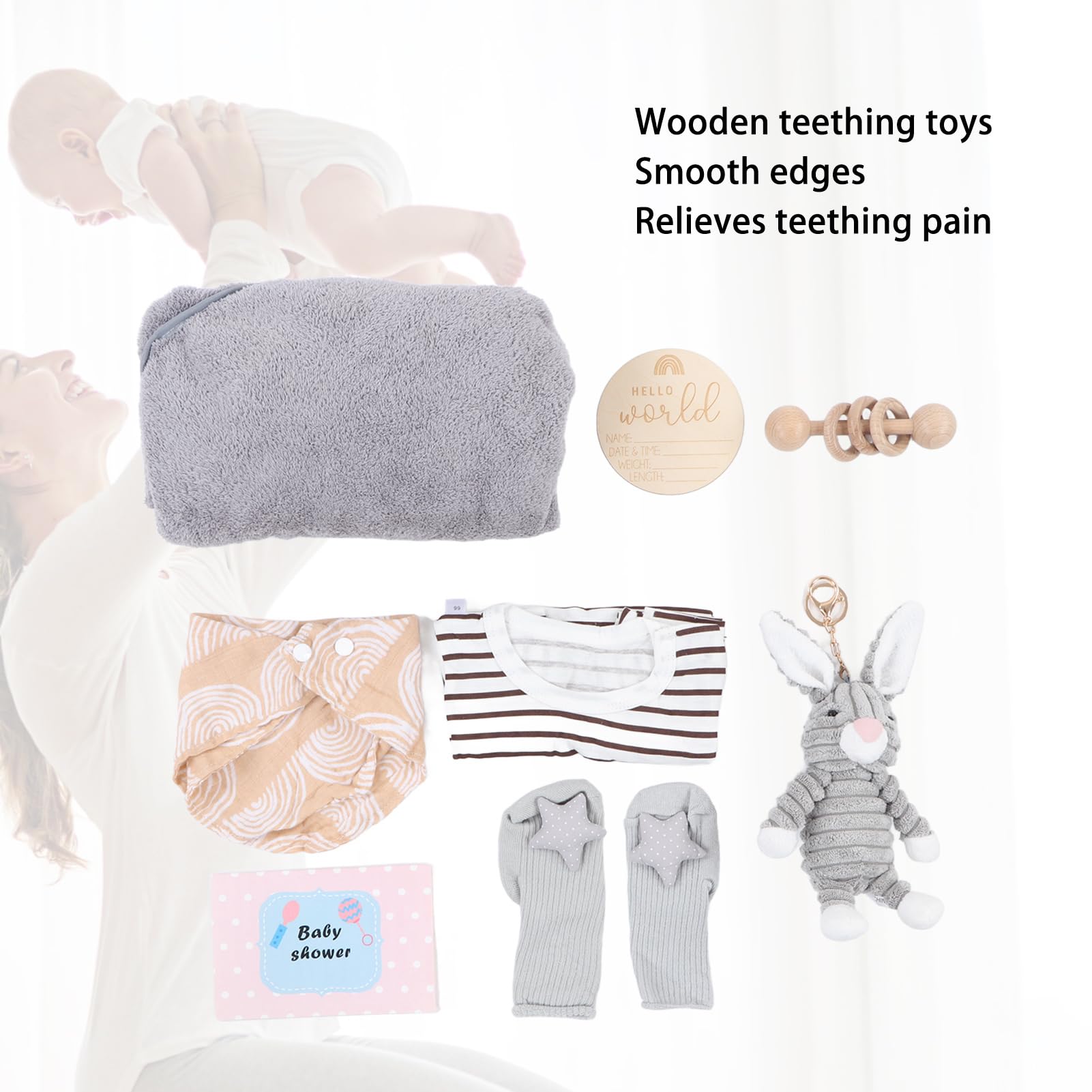 Cryfokt Holzrassel-Beißspielzeug Lindert Zahnfleischschmerzen bei Neugeborenen, Geschenkkorb-Set für die Babyparty aus Birkenholz Zum Schlafengehen oder Spielen