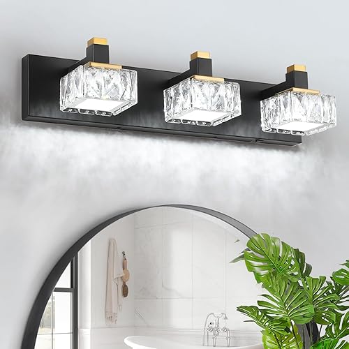 Miniatura 3 de Luces de tocador de baño sobre espejo, 3 luces regulables 5CCT, luces LED de tocador de cristal negro y dorado, iluminación de pared de 22.05