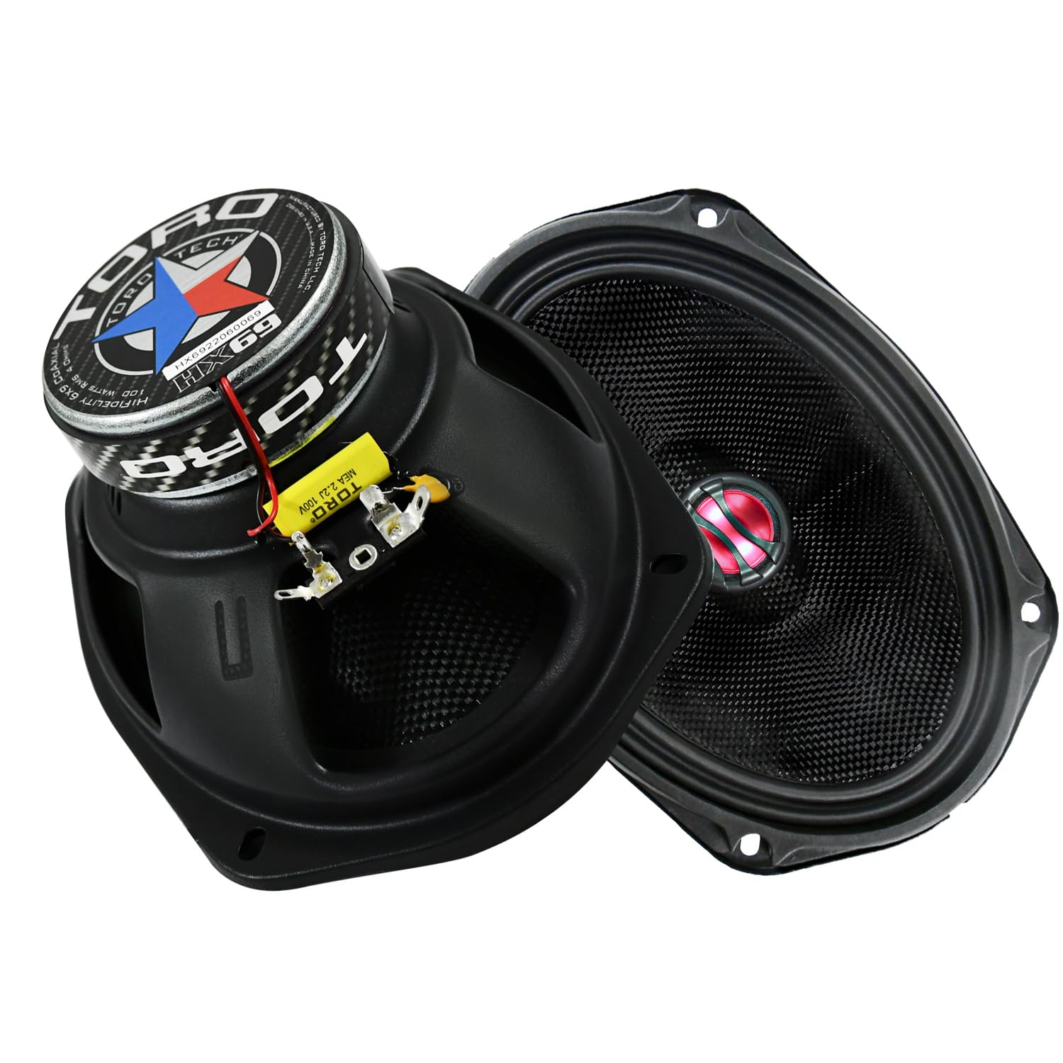 TORO TECHHX69 | 6x9Inch 2-Way Coaxial Car Speaker Set - 100 Watts RMS / 200 Watt MAX / 20mm Ferro Fluid Tweeters, 4 Ohm, 1” KSV Voice Coils. Two Speakers with Built-in Tweeters, Two Grills (Pair)