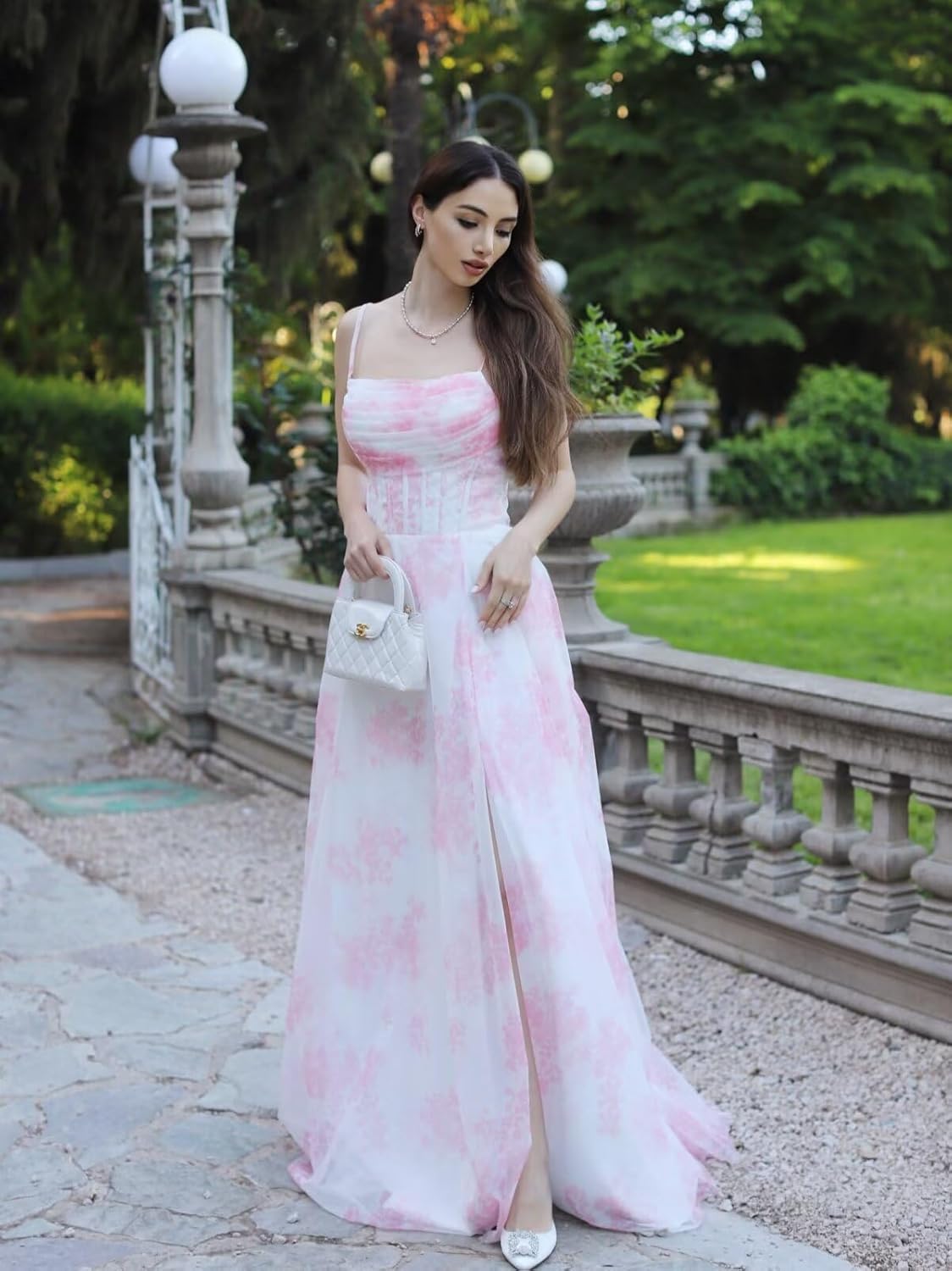 Smileven Floral Tulle Corset Prom Dresses for Women 2025 Cowl Neck A-Line Formal Evening Gowns with Slit