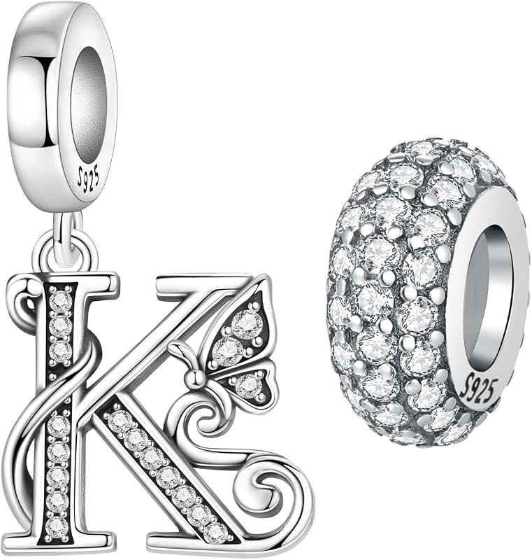 Paquete de 2 dijes de letras de mariposa de plata de ley 925 para pulseras y collares, colgantes con iniciales del alfabeto, cuentas espaciadoras redondas, pavimentan circonitas cúbicas, regalo de joyería para mujeres