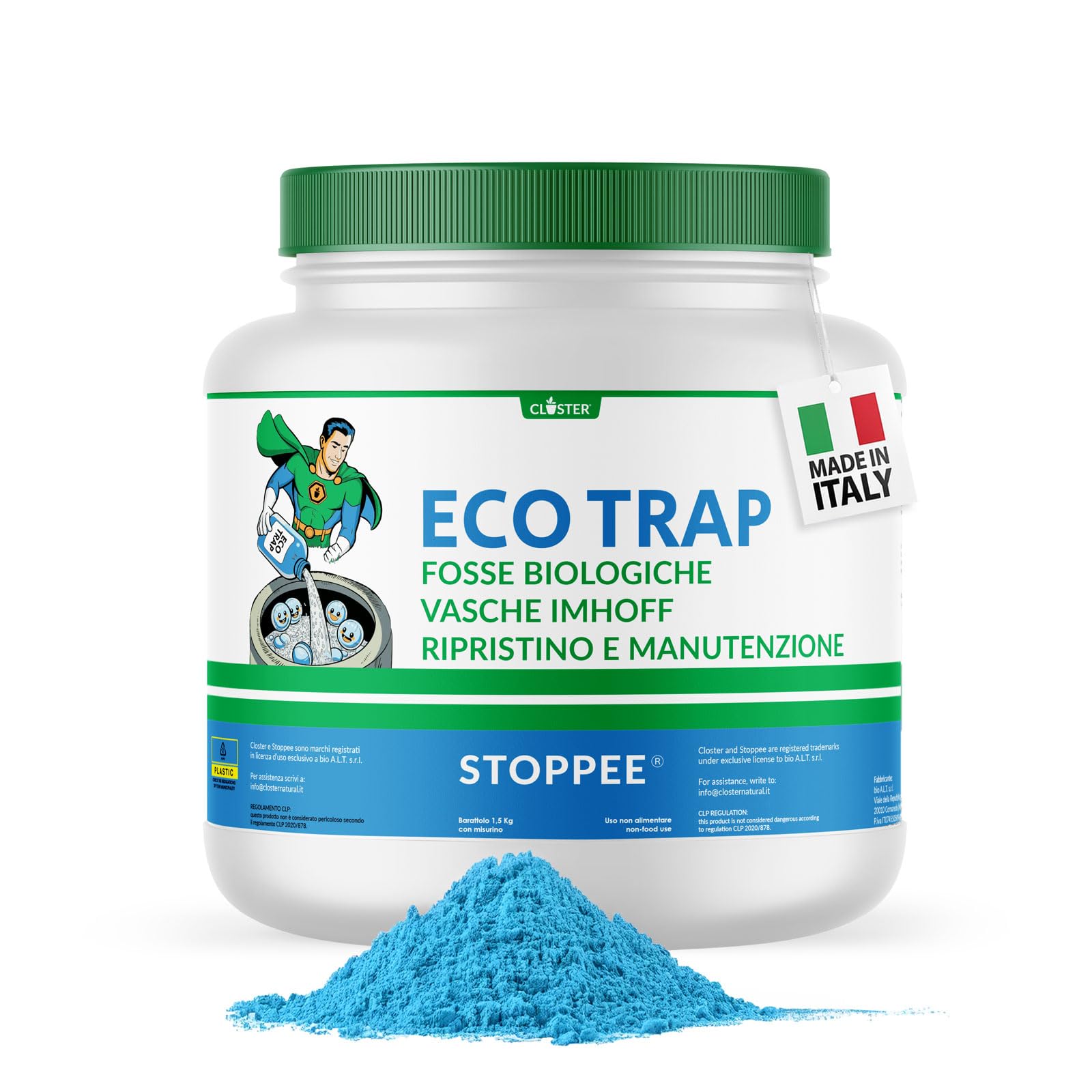 CLOSTER ECOTRAP Activateur de Fosse Biologique 1,5 kg, Fabriqué en Italie – Septic Tank – Enzymes pour fosses biologiques avec Distributeur – Nettoyage et Entretien circulaires des fosses septiques