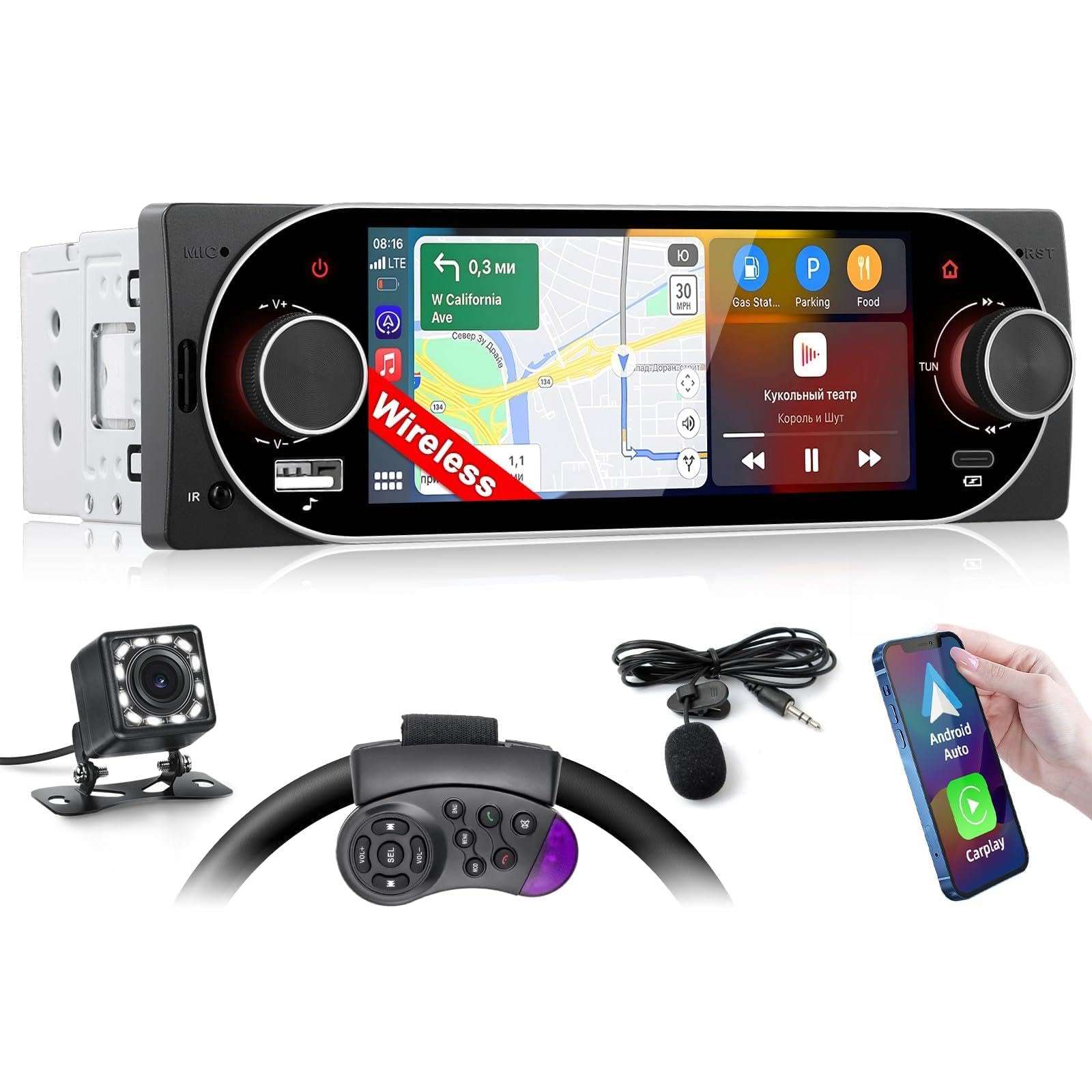 Inefala Radio Pantalla 1 DIN con Carplay y Android Auto, Pantalla Táctil de 5,1'' con Bluetooth, Mirror Link, FM/RDS USB Type-C EQ, Cámara de Visión Trasera