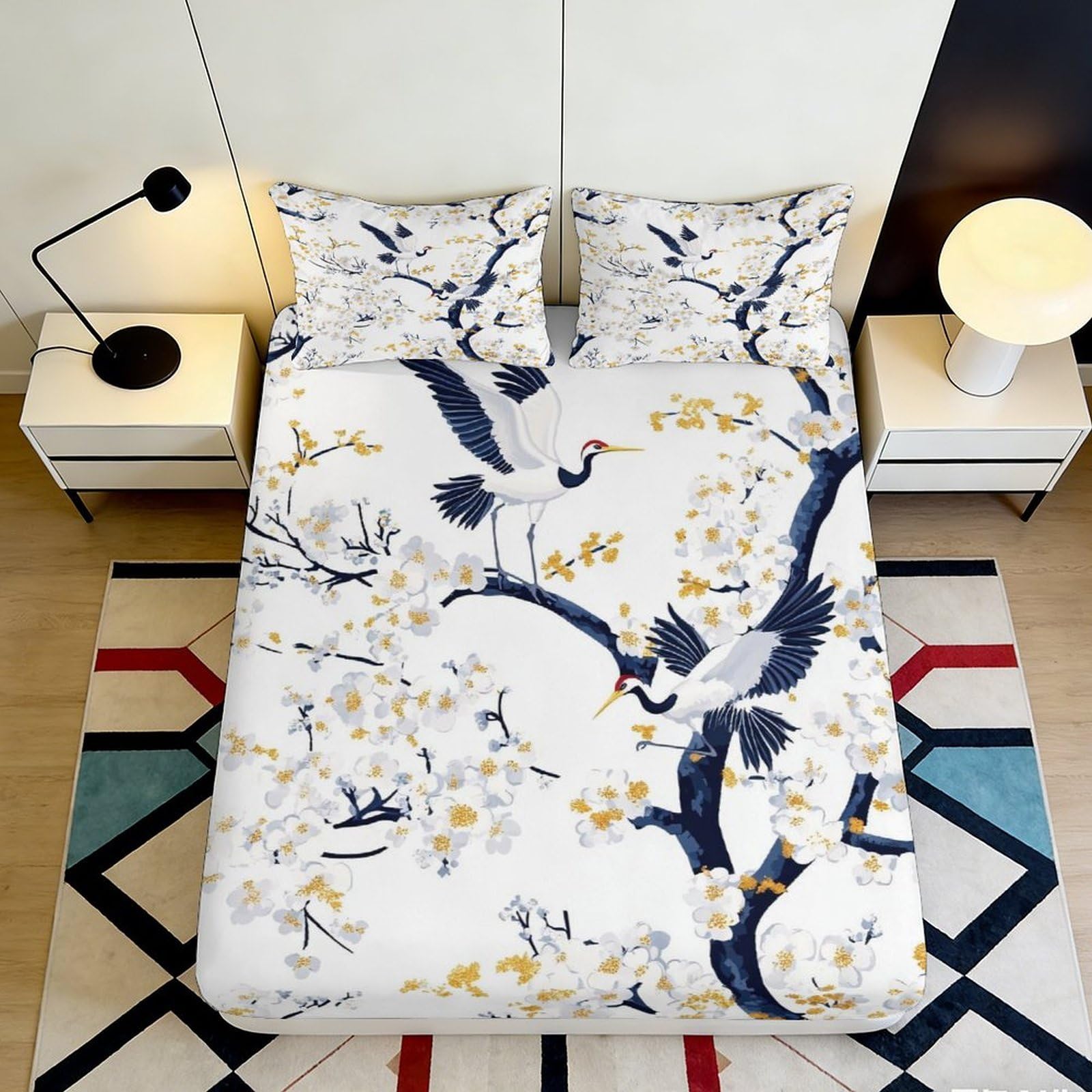 3D Printed Crane Blossom Fitted Sheet Microfiber Anti-Slip Cherry Branch Mattress Cover for Bedroom Guest Room Decor 120x200cm 160x200x25cm