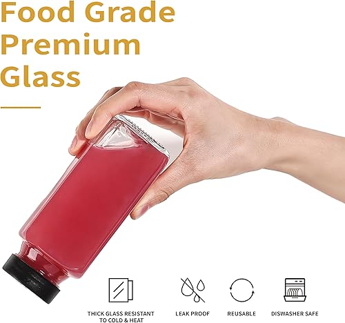 Miniatura 3 de Paquete de 8 botellas de vidrio de 8 onzas con tapas negras y 32 etiquetas, recipientes reutilizables de almacenamiento de jugo de viaje, tarros de