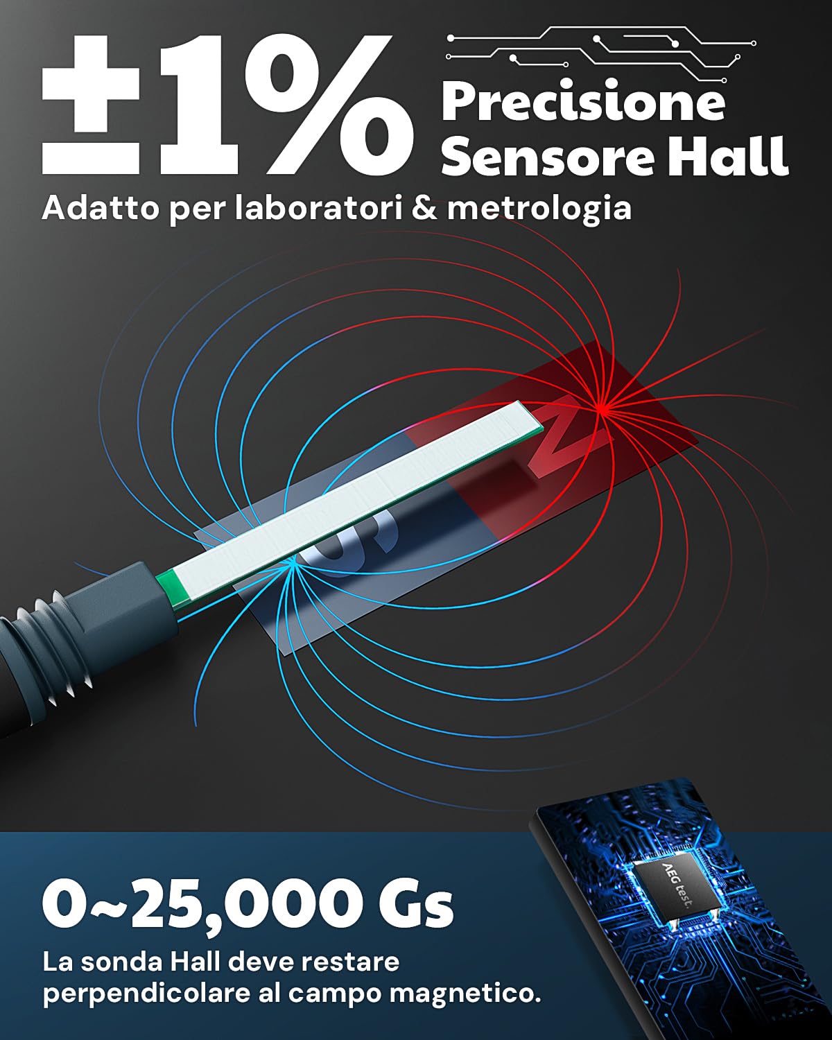 AEGTEST 8103 Gauss Meter with Hall sensor and magnetic field lines