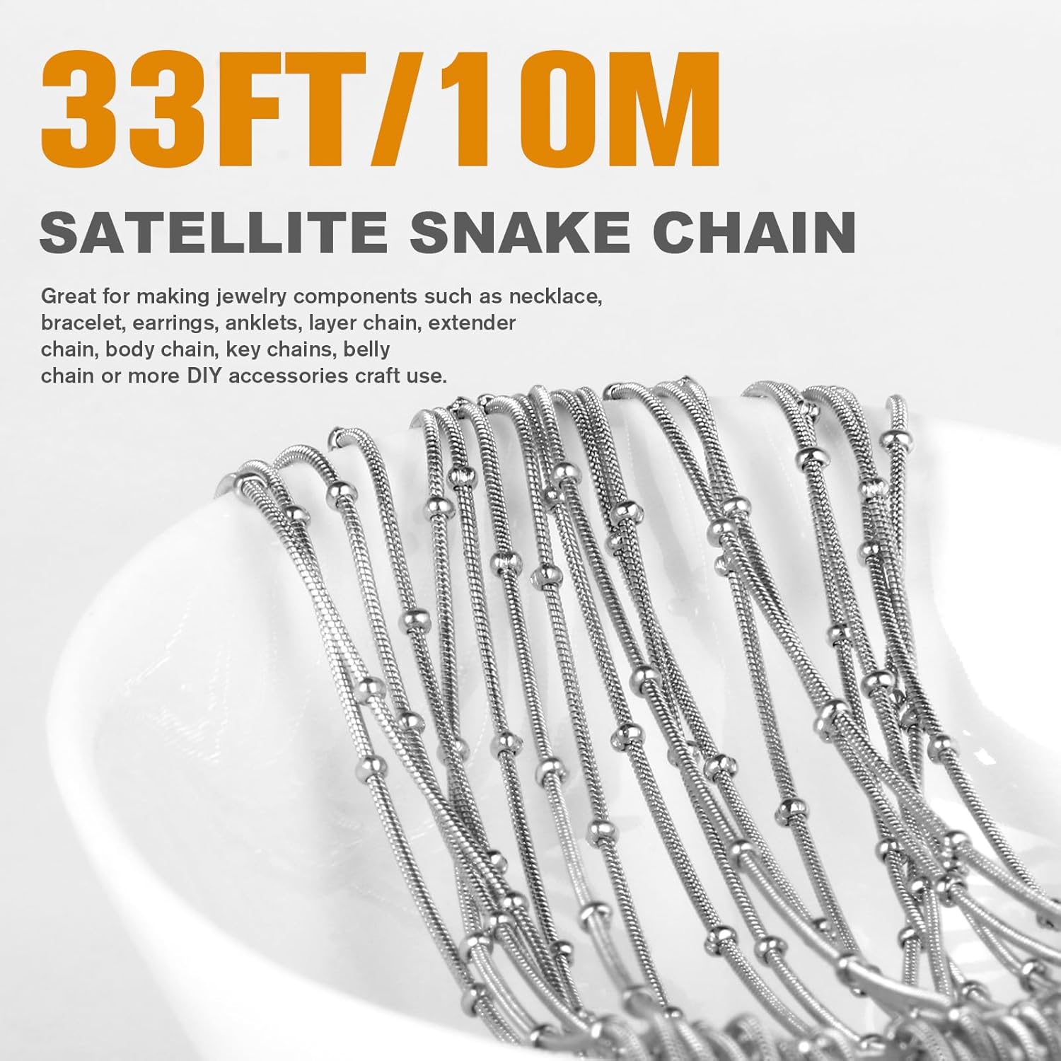 33 Feet Stainless Steel Snake Chains Roll, 1mm 304 Stainless Steel Round Satellite Snake Chain Bulk Spool for Jewelry Making DIY Craft - Image 3