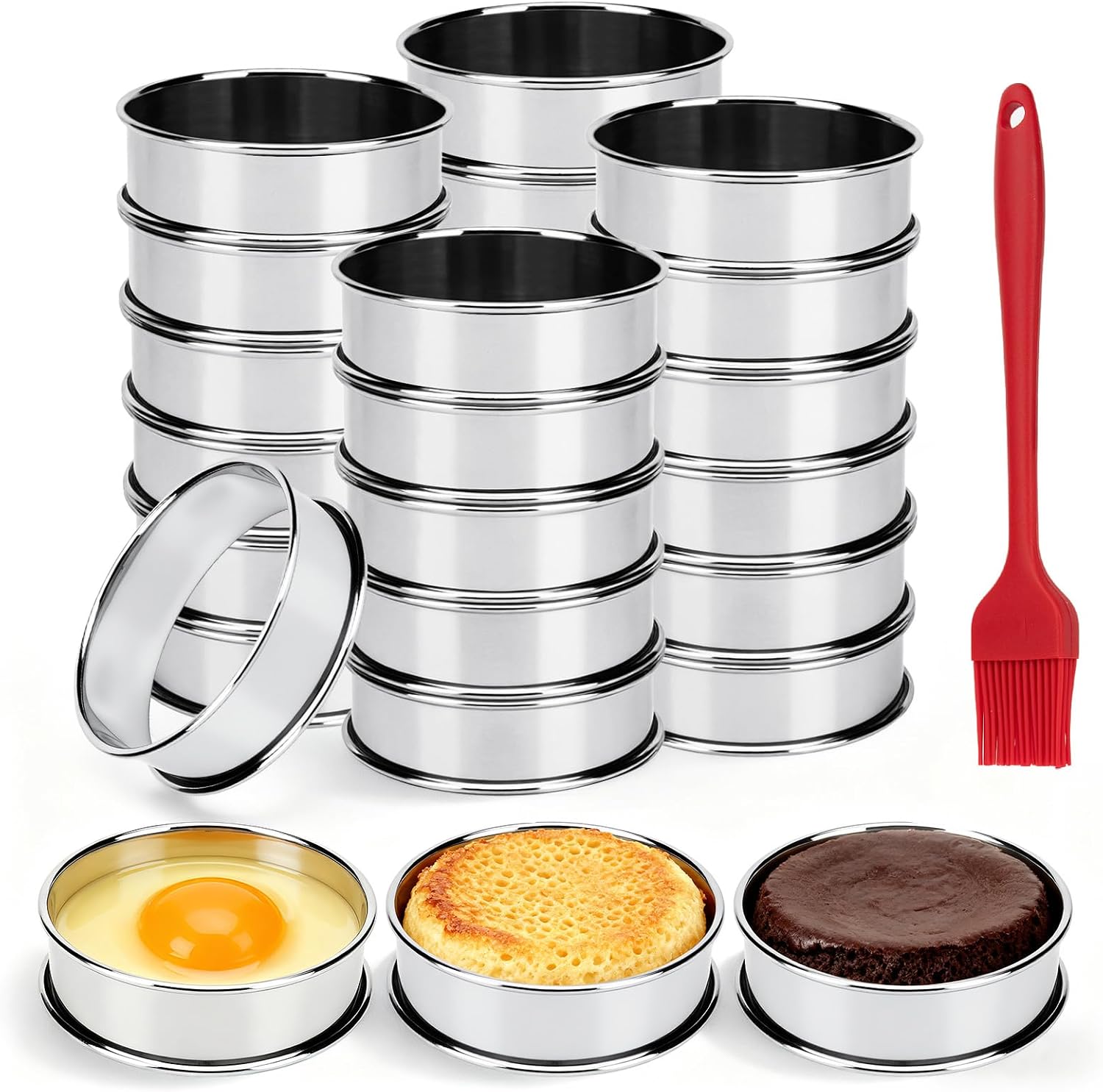 24 Packs Cookie Rings for Baking, 3 Inch English Muffin Ring, Round Metal Pastry Molds, Double Rolled Stainless Steel Tart Maker with Silicone Brush, Cooking Pancake Tools