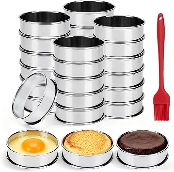 24 Packs Cookie Rings for Baking, 3 Inch English Muffin Ring, Round Metal Pastry Molds, Double Rolled Stainless Steel Tart Maker with Silicone Brush, Cooking Pancake Tools