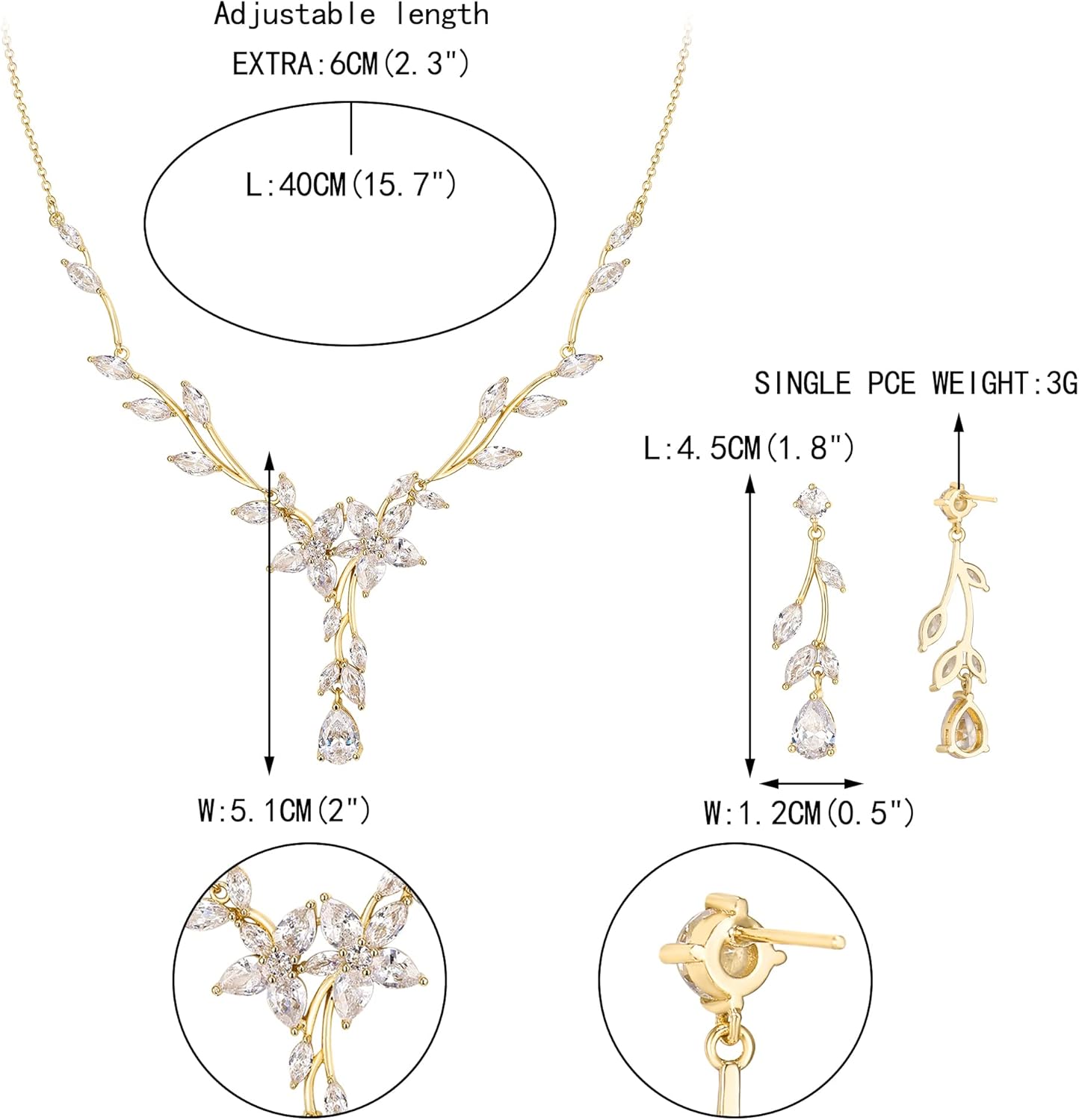 EVER FAITH Cubic Zirconia Bridal Jewelry for Bride Bridesmaid, Elegant Leaf Flower Wedding Prom Necklace Dangle Earrings Set for Women