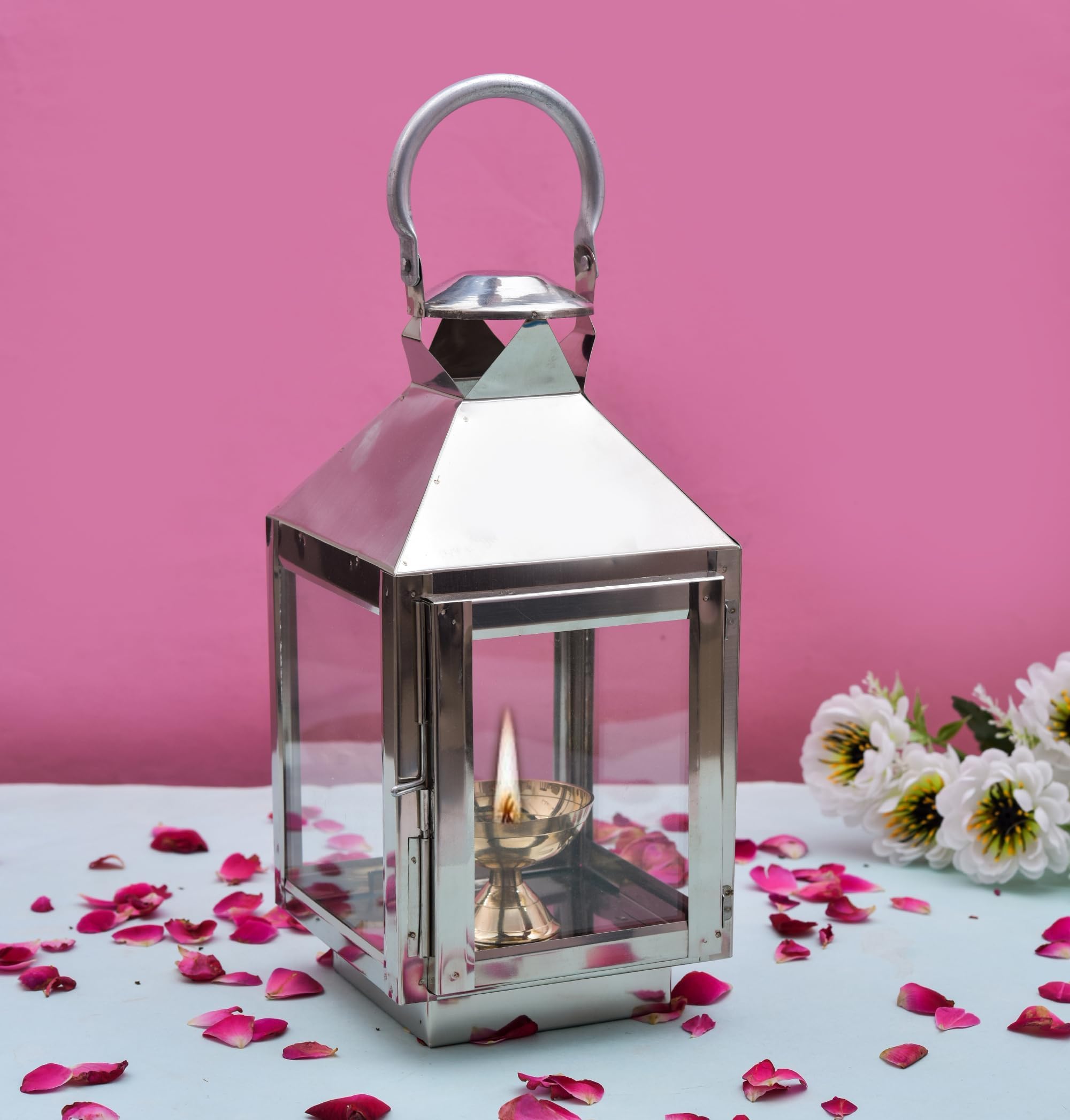 HOUZZPLUS Handicraft Akhand Diya with Glass Cover Steel, Akhand Diya for Home Temple puja, Hanging Lantern for HomeDecor (Large)