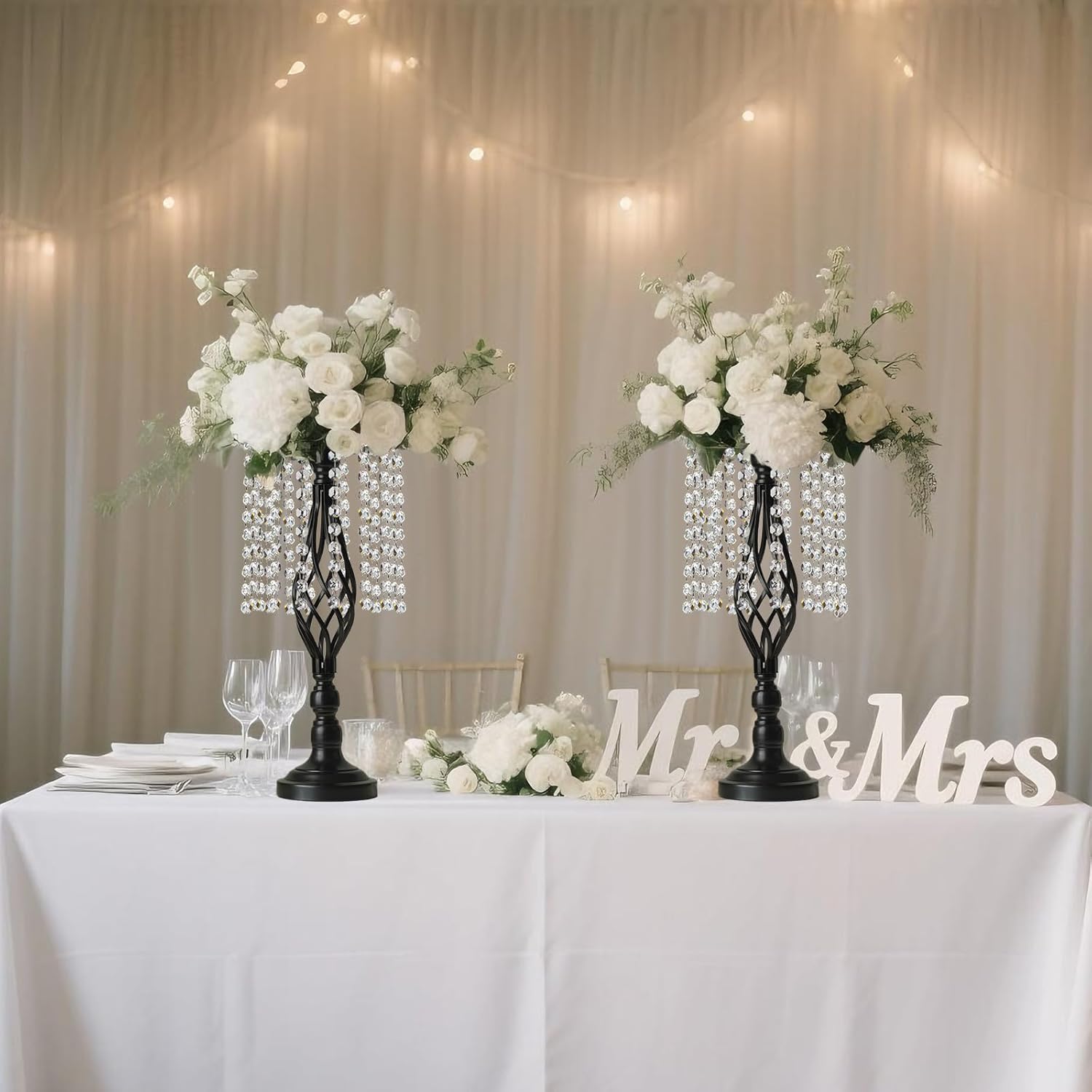 2 pcs Black Metal Crystal Pendant Flower Stand, 19" Wedding Tall Vase, Metal Hollow for Wedding Banquet Event Anniversary Celebration Decoration