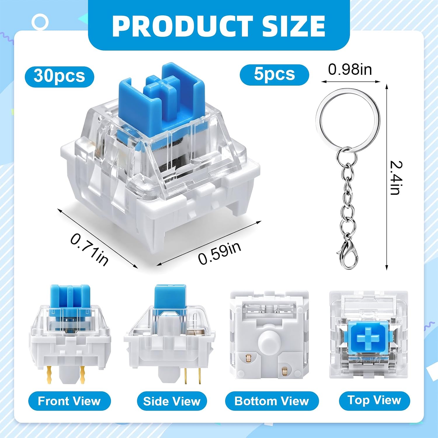 30 Pcs Keyboard Clickers for 3D Prints, 3-Pin Clicky Mechanical Keyboard Switches with Tactile Bump,for 3D Printed Keyboard Fidget Toys & DIY Projects, Extra 5 Pcs Keychains