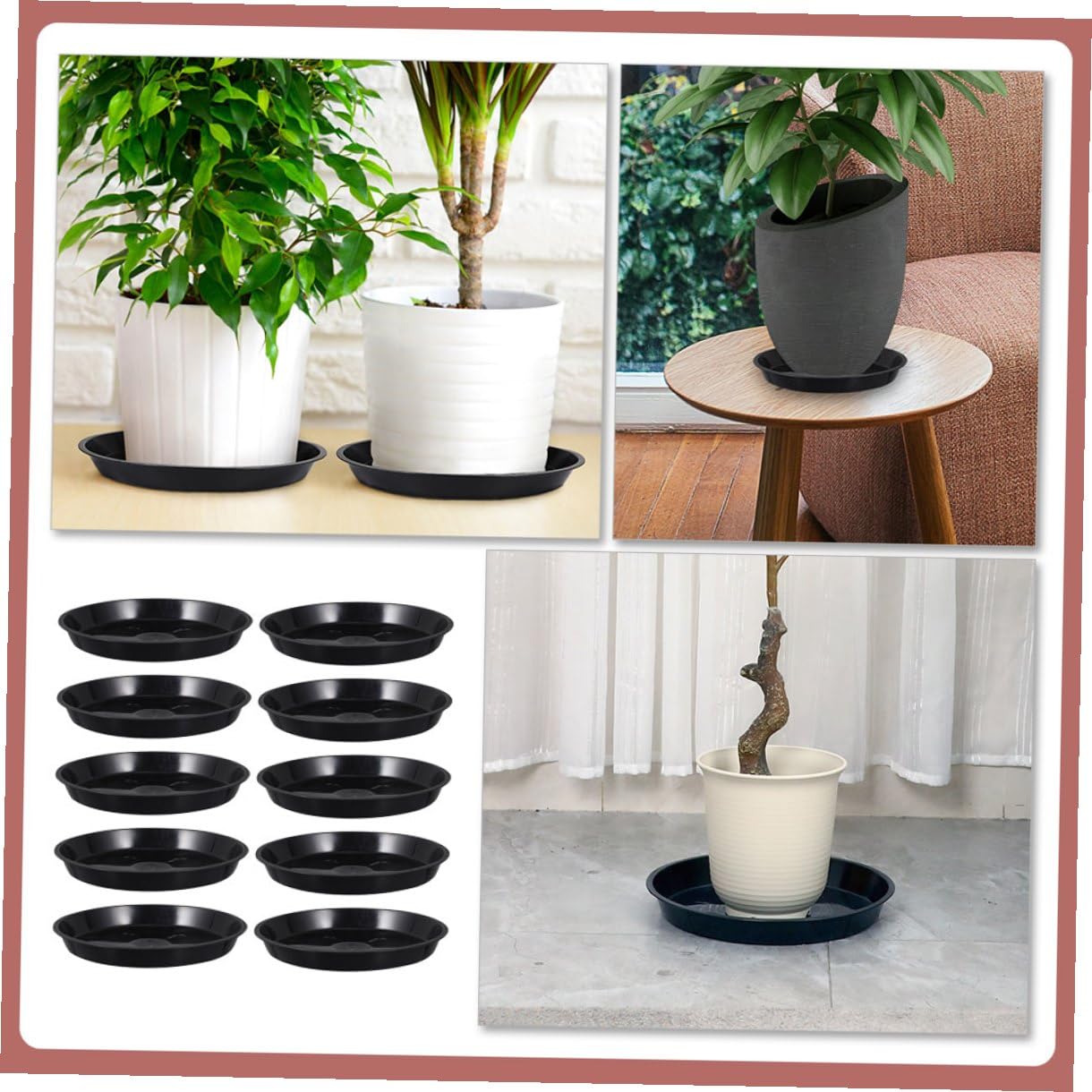 Set 10 Pezzi Vassoi per Vasi da Fiori in Plastica Nera Basi per Vasi da Balcone e Giardinaggio Raccolta Acqua e Protezione Pavimenti Leggeri e Resistenti