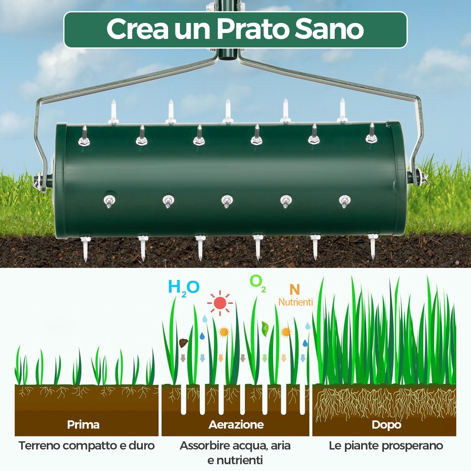 COSTWAY Arieggiatore Giardino 53 CM, Arieggiatore da Prato Manico Rimovibile Punte Terreno, Manuale