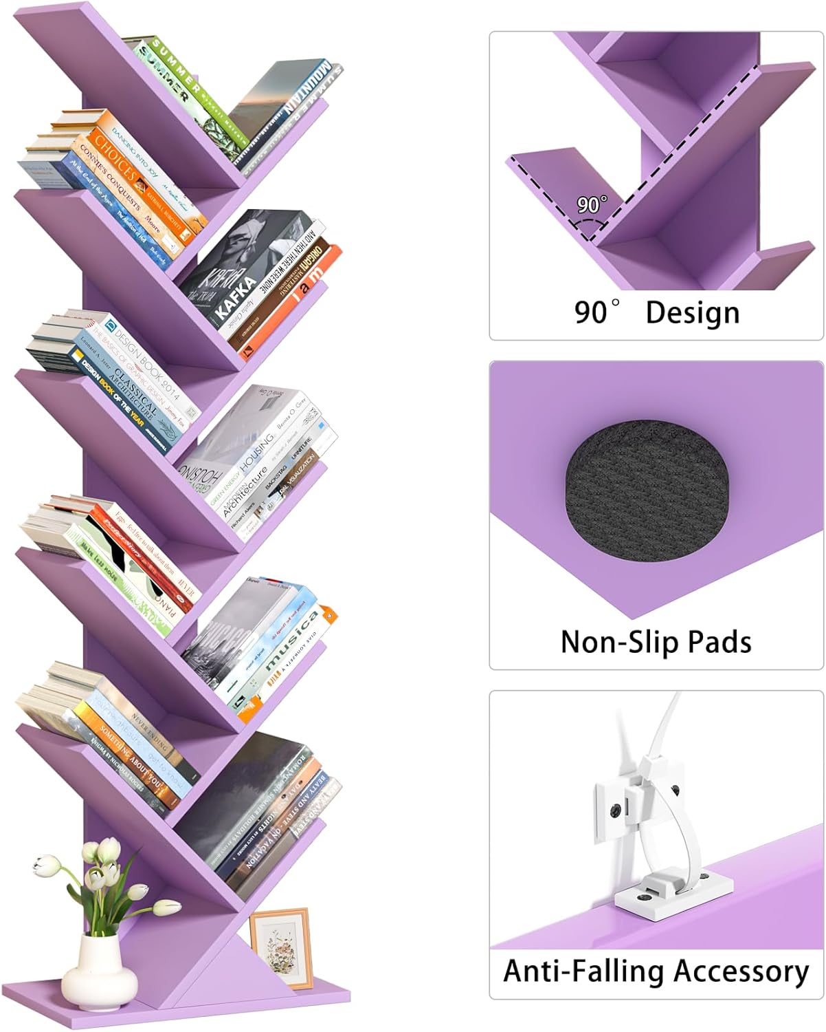 10 Tier Tree Book Shelf, Floor Standing Wood Bookshelf for Narrow Space, Storage Organizer Bookshelves for Books/CDs/Magazine, Bookcase with Shelves for Home Office, Living Room-Dream Purple