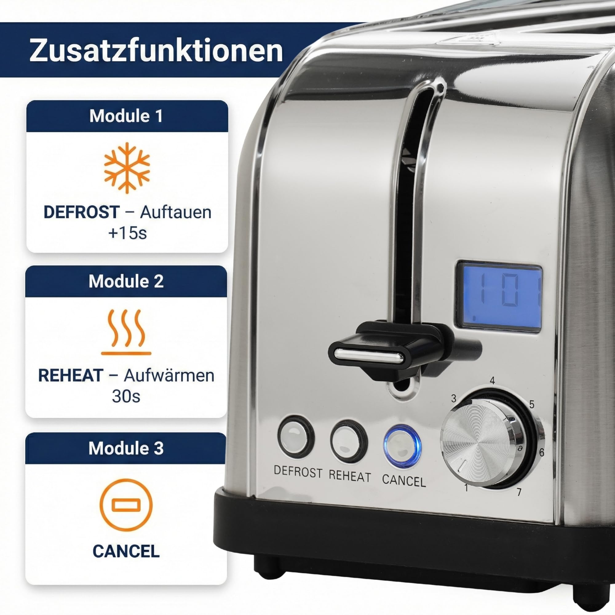 Sommertal ST1500 XXL - Tostadora de 4 rebanadas de acero inoxidable con accesorio para panecillos, pantalla digital con temporizador e indicador de funcionamiento residual, 1500 W, 7 niveles, función