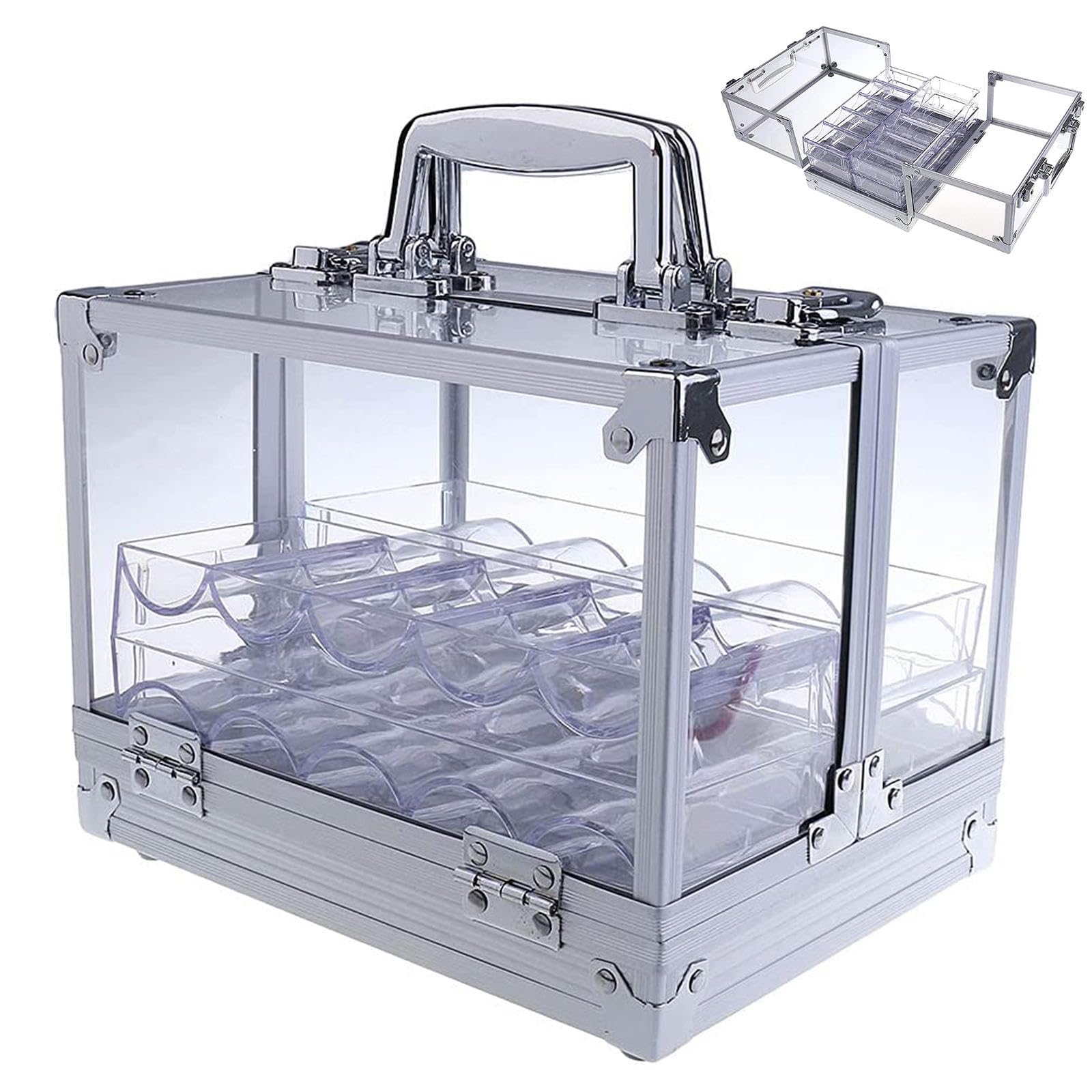 MTTXY 600Pcs Acrylic Poker Chip Case, Container Poker Chips Storage Box Suitcase with 6 Poker Chip Trays, Acrylic Transparent Chip Box for Family Games