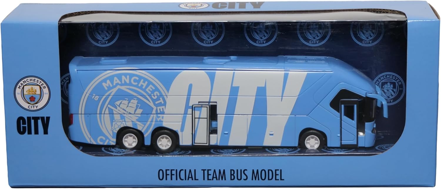 Manchester City Official Collectible Miniature Team Bus – Premium Die-Cast Soccer Bus Toy with Friction Power Engine – Man City Fan Gift Display Model – Licensed Football Merchandise