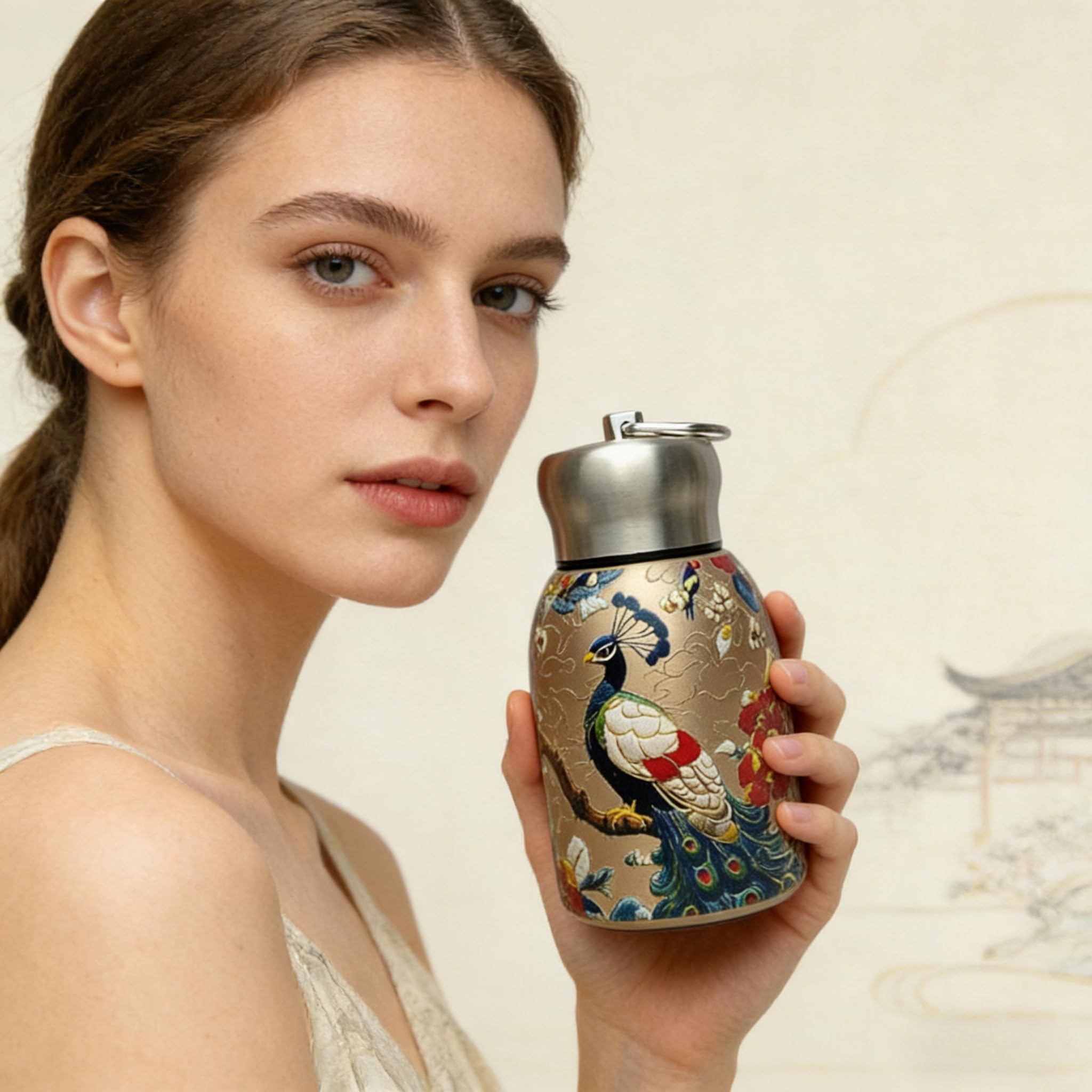 300ml Mini Insulated Water Bottle, 316 Stainless Steel Portable Pocket Cup, Chinese Style Peacock Pattern Travel Mug with Handle, Lightweight for Outdoor Daily