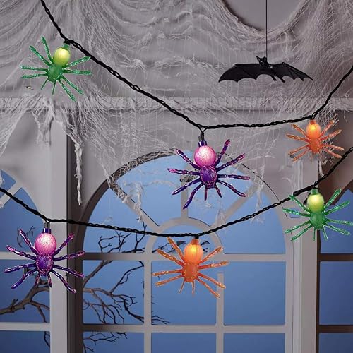 Miniatura 8 de Guirnalda de luces de araña de Halloween para exteriores, 8.5 pies, cadena de luces colgantes de Halloween con 10 luces LED de araña multicolor,