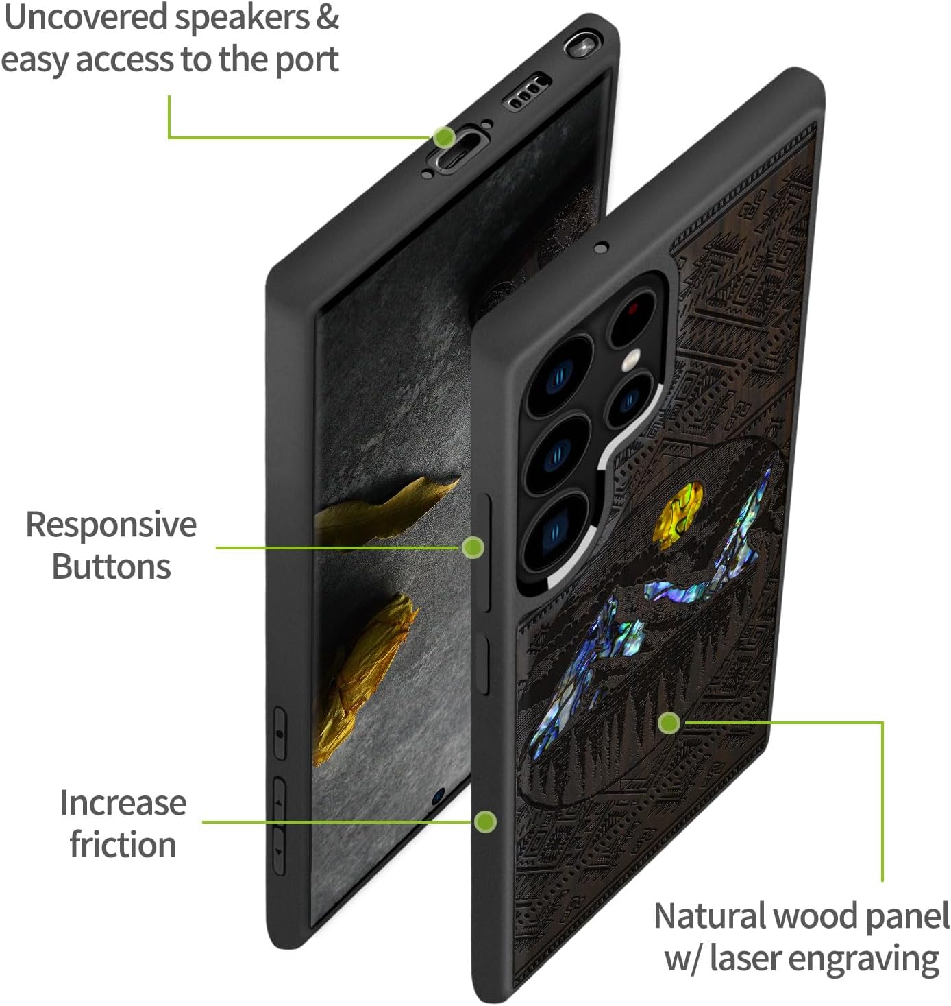 Carveit Designer Wooden Cover for Samsung Galaxy S22 Ultra Case [Wood Engraving & Shell Inlay] Compatible with Wireless Chargers S22 Ultra (Aztec Alpine Lakes-Blackwood)