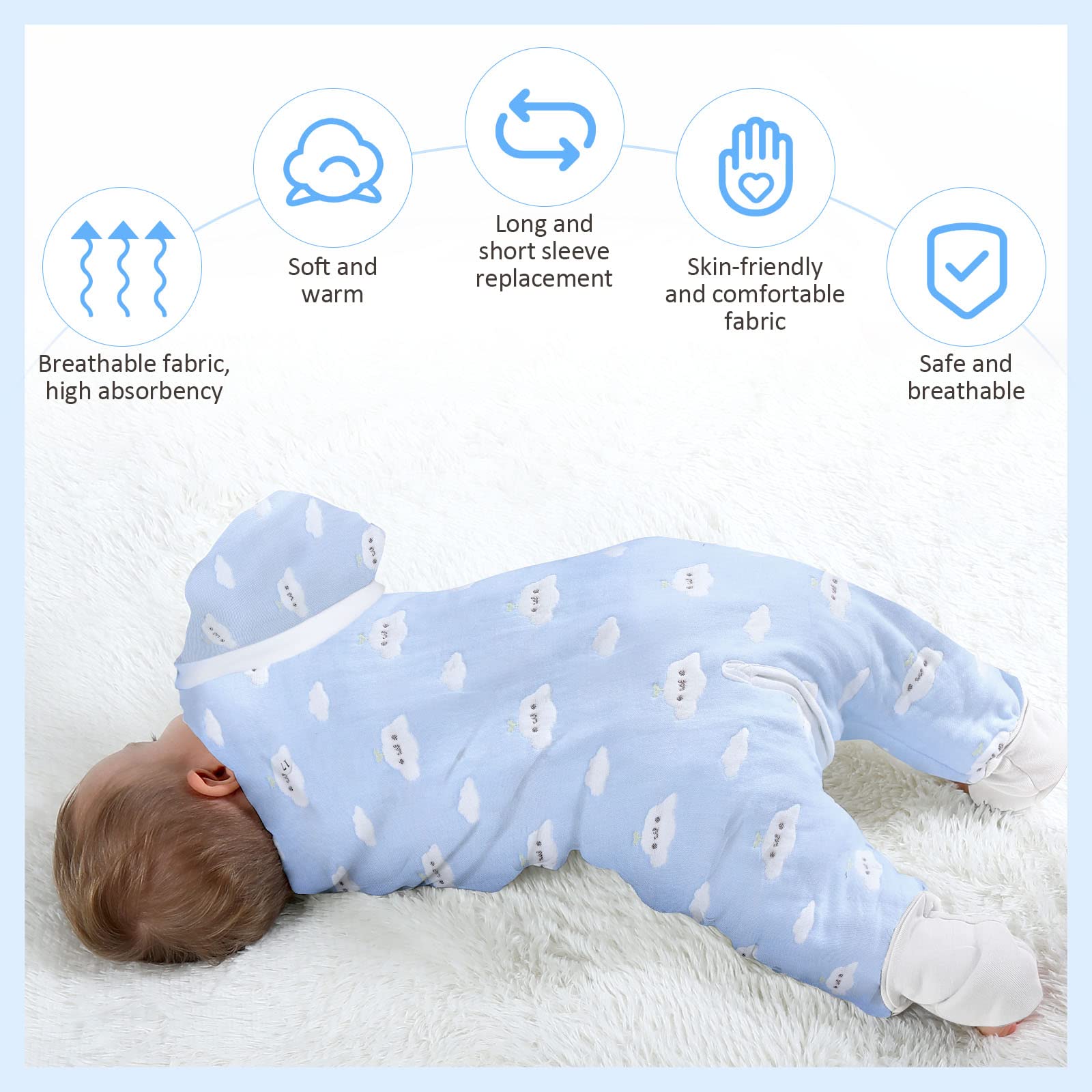 Lictin Saco de Dormir con Pies y Manga 2.0TOG-Saco de Dormir Bebe Niños con Mangas Extraíbles para 12-36 Meses de 80 (Motivo de Cielo Azul y Nubes Blancas)