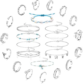 25 Pcs Toe Rings and Ankle Bracelets for Women Silver Gold Rose Gold Plated Chain Layered Anklets Open CZ Flower Arrow Heart Star Toe Ring Adjustable Tail Ring Beach Foot Jewelry Set