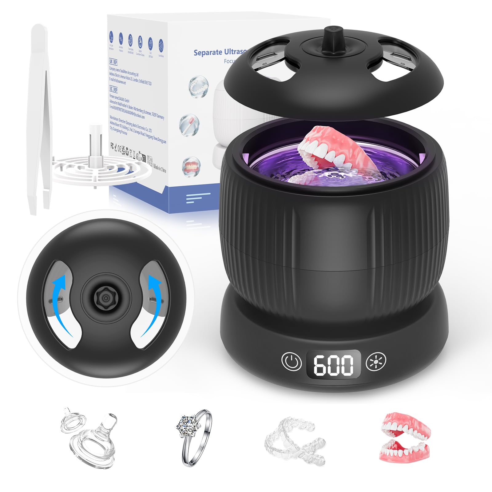 Pulitore Ultrasuoni con Lampada UV | 45000Hz | 190ML | Portatile | Pulitore Ultrasuoni per Apparecchio Denti, Bite, Protesi Dentali, Allineatori e Gioielli