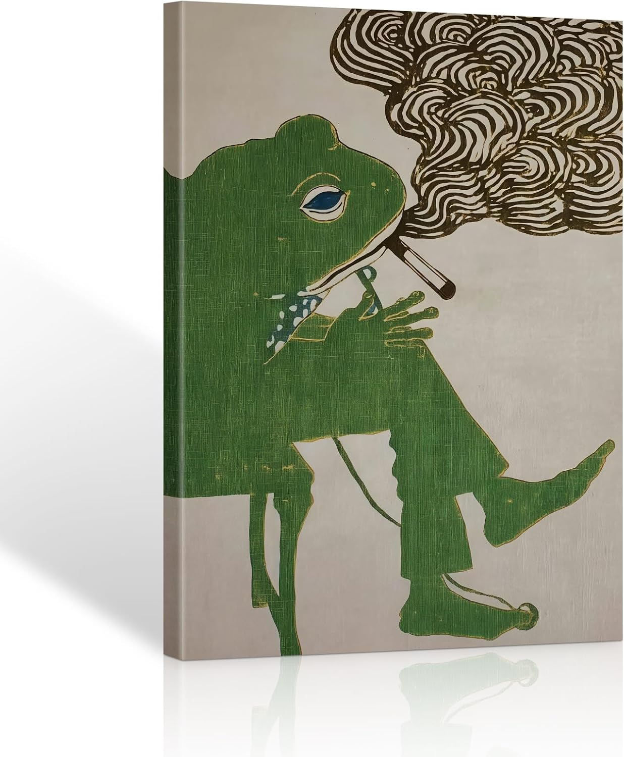 ALMLZL Funny Smoking Frog Wall Art Humorous Animal Whimsical Green Frog Canvas Poster Print Quirky Retro Wall Decor for Bar Bedroom Living Room Office Framed 16x24 Inch